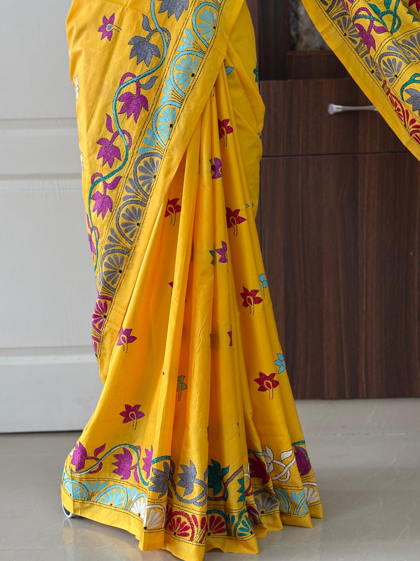 Kantha Hand Embroidered Blended Banglore Silk/Art Silk Saree With Blouse