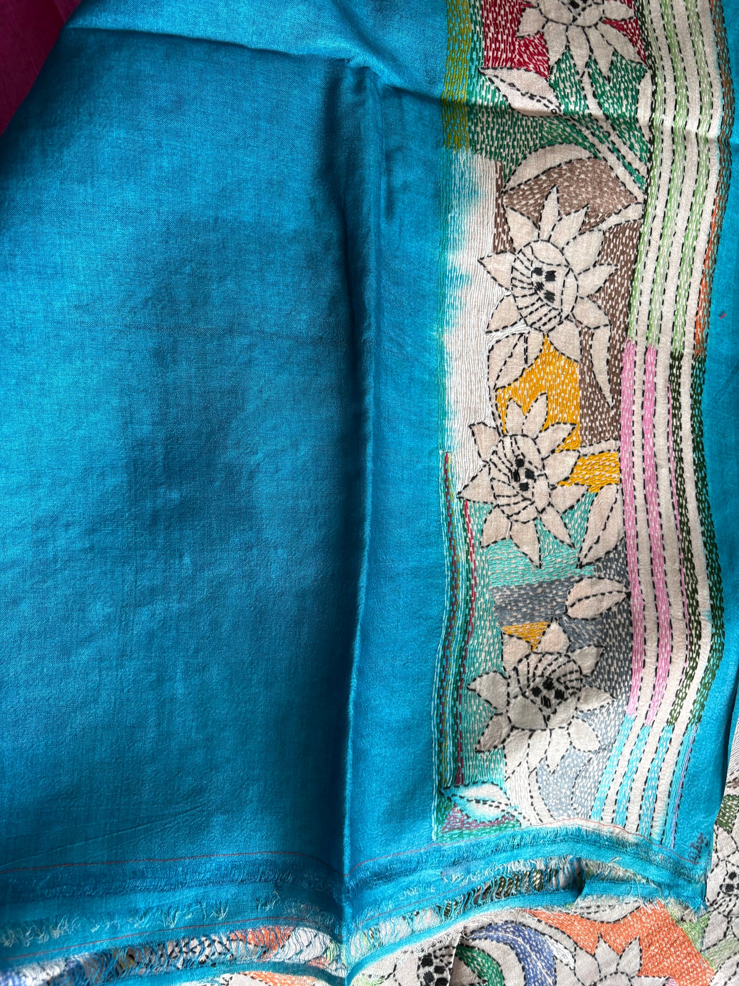 Kantha - Stitch Hand Embroidered Saree | Pure Gachi by Gachi Tussar Silk | Silk Mark Certified | Pink-Blue
