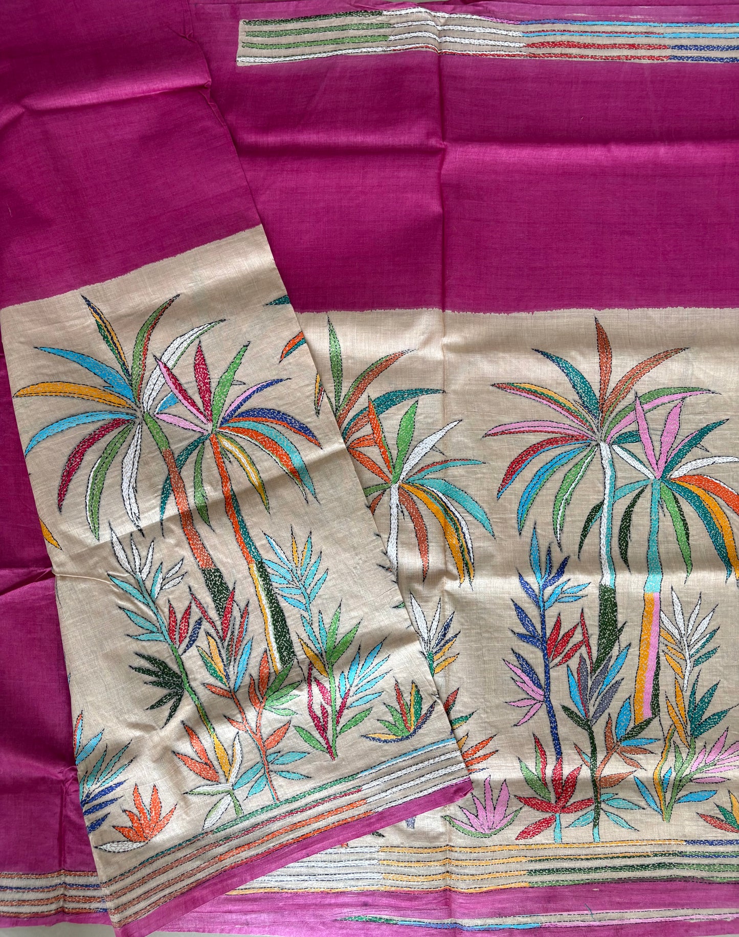 Kantha Stitch Hand Embroidered Pure Gachi by Gachi Tassar Silk Saree (Silk Marked)