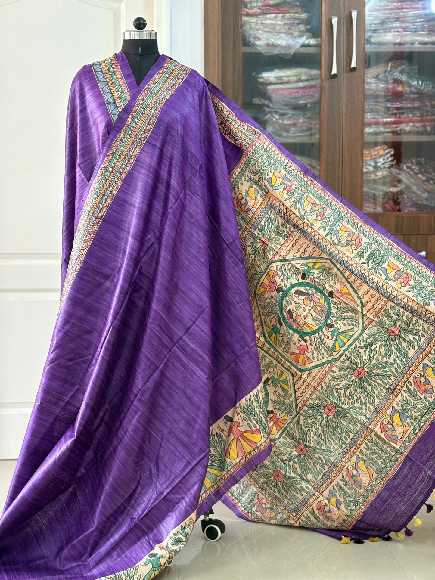 Pure Tussar Ghicha Silk Handcrafted Madhubani Saree (Silk Marked)