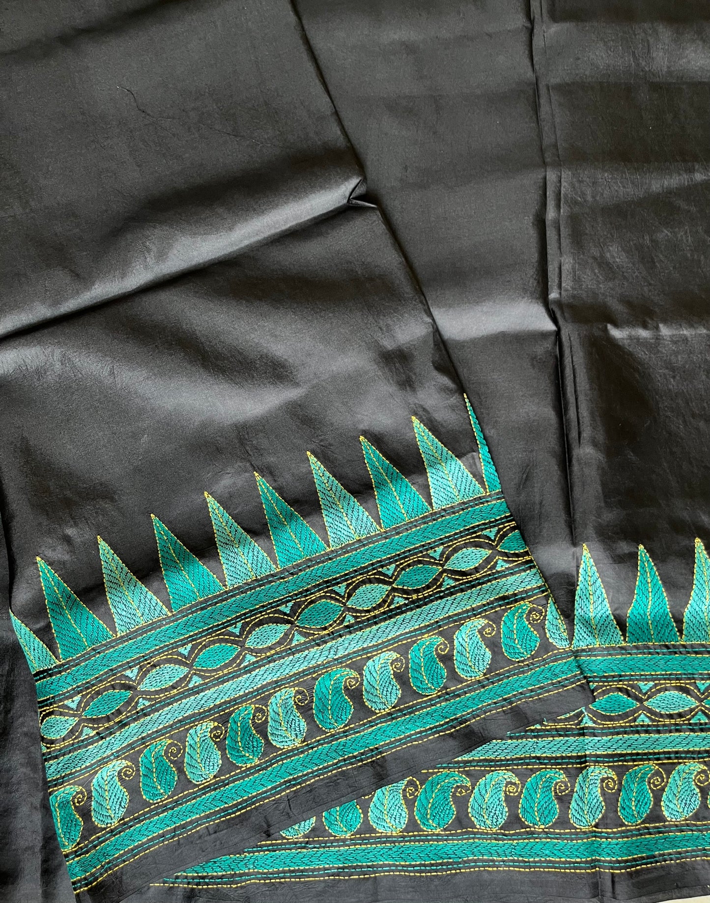 Black Kantha Hand Embroidery Pure Bangalore Silk Saree
