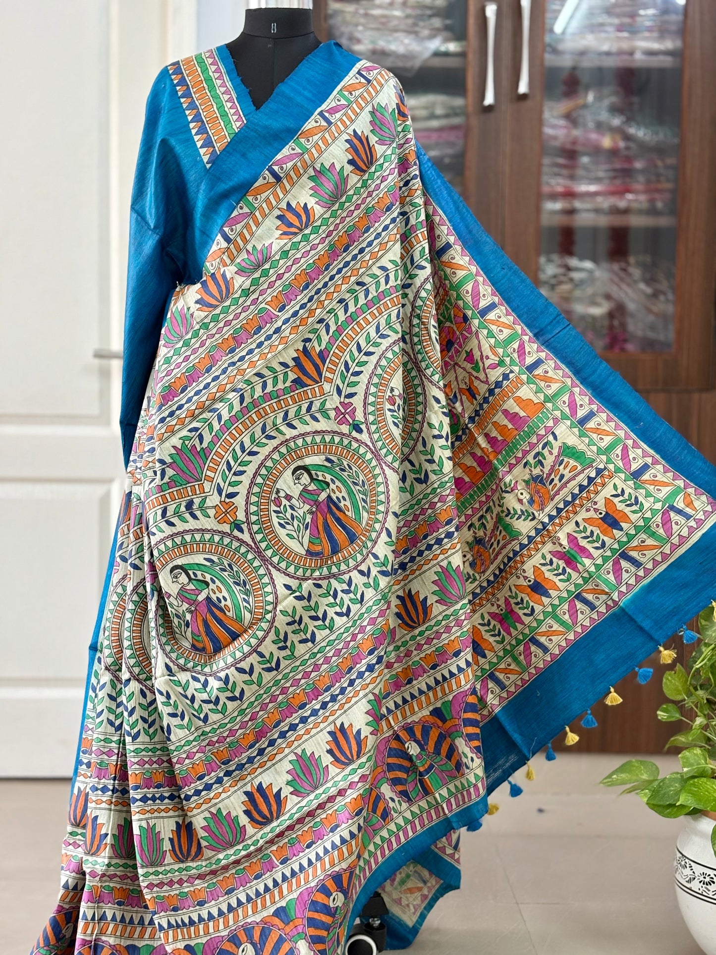Pure Tussar Ghicha Silk Handcrafted Madhubani Half Saree (Silk Marked)