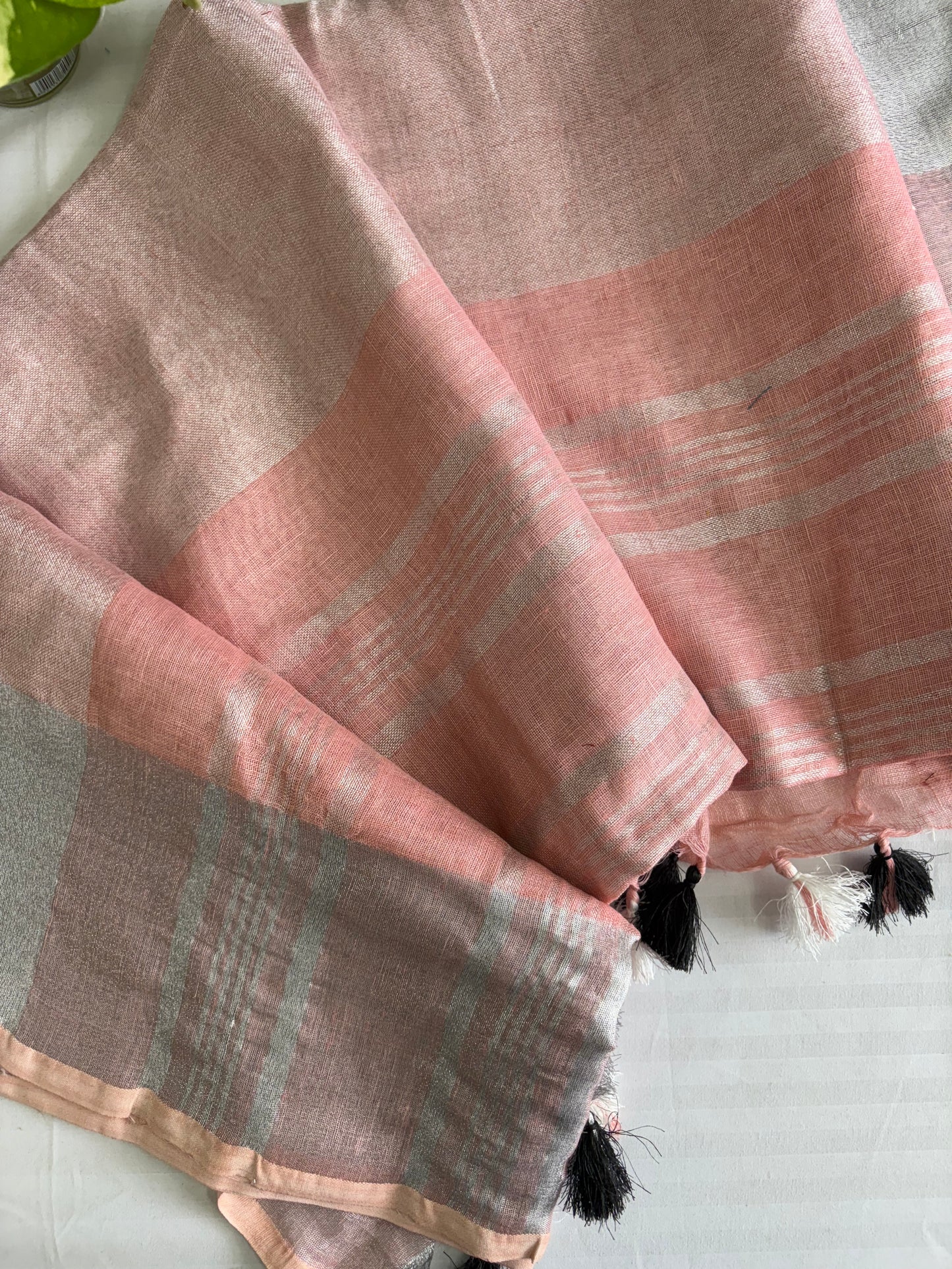 Peach silver pure Linen By Linen Saree With running Blouse