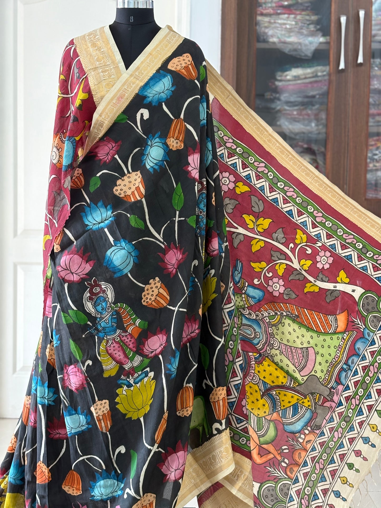 Pen Kalamkari hand painted Banglore Silk Saree with blouse