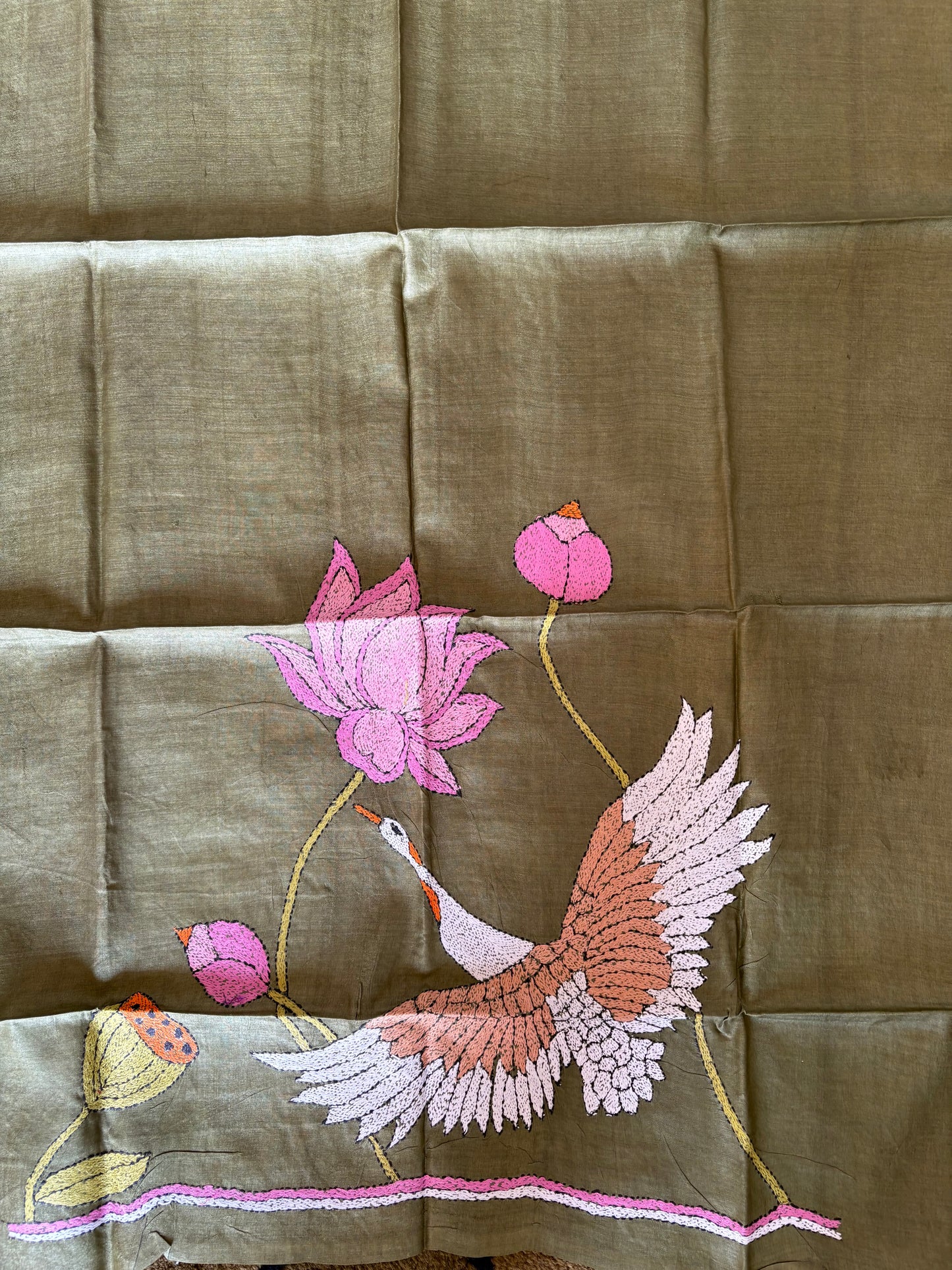 Kantha Stitch Pure Tassar Silk Blouse Piece - olive green