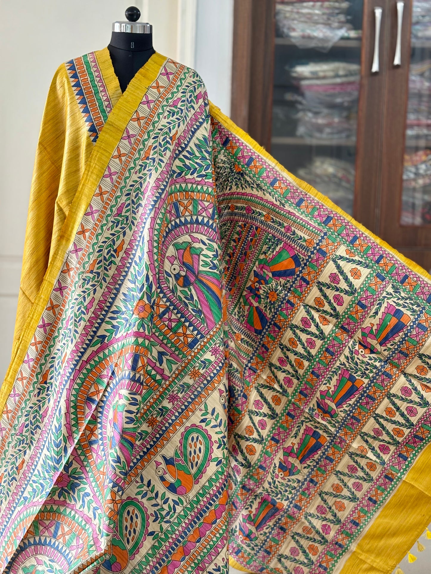 Pure Tussar Ghicha Silk Handcrafted Madhubani Half Saree (Silk Marked)