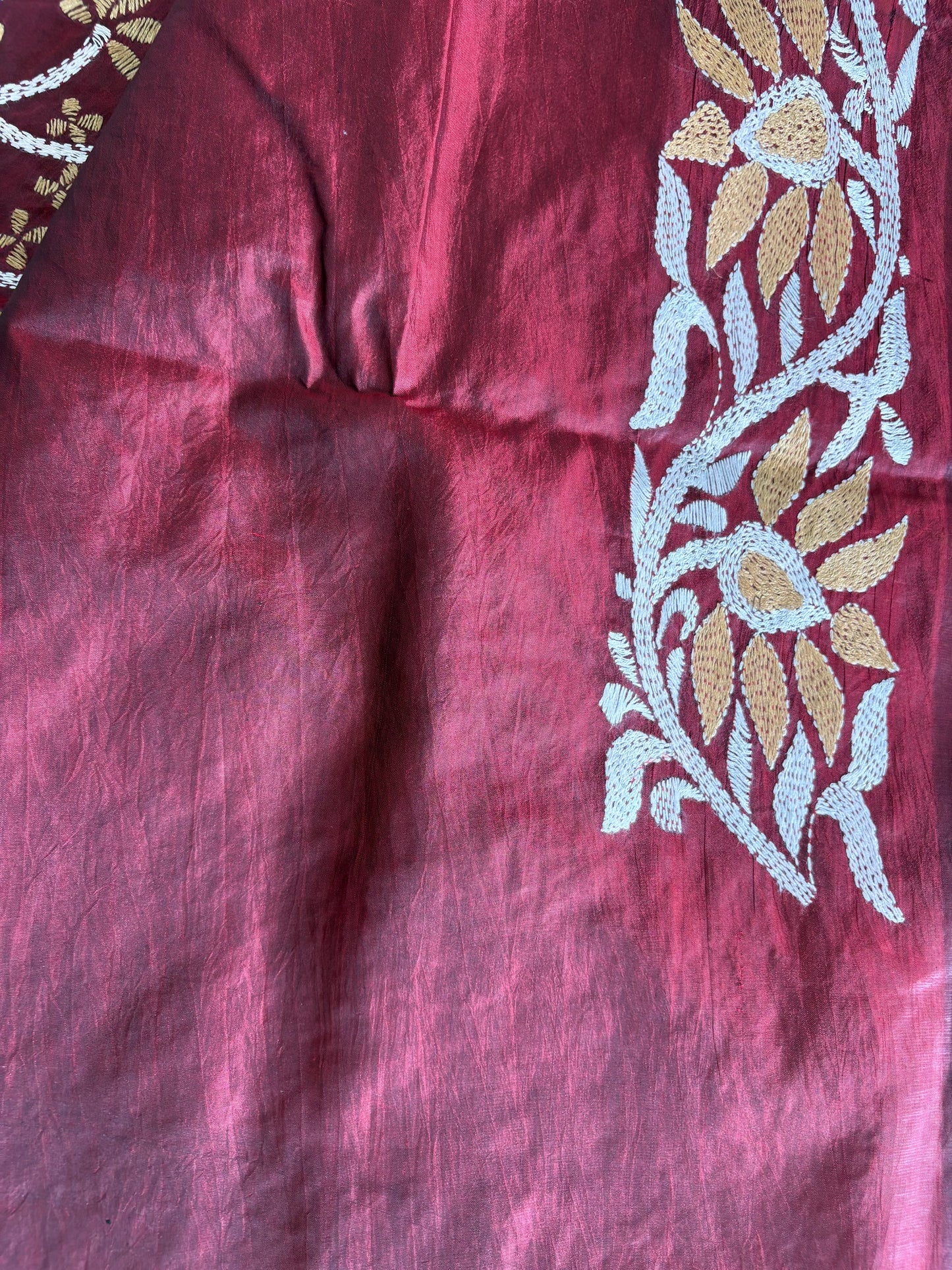 Maroon Kantha Stitch Hand Embroidered Pure Banglore Silk Saree