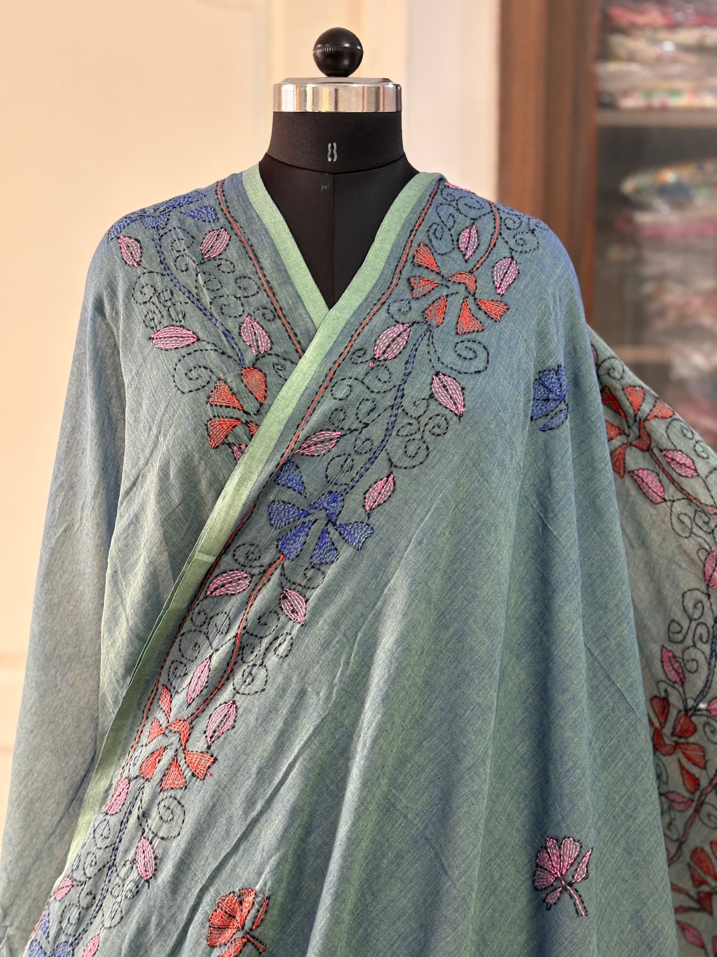 Kantha stitch Hand Embroidered Pure mul Cotton Saree