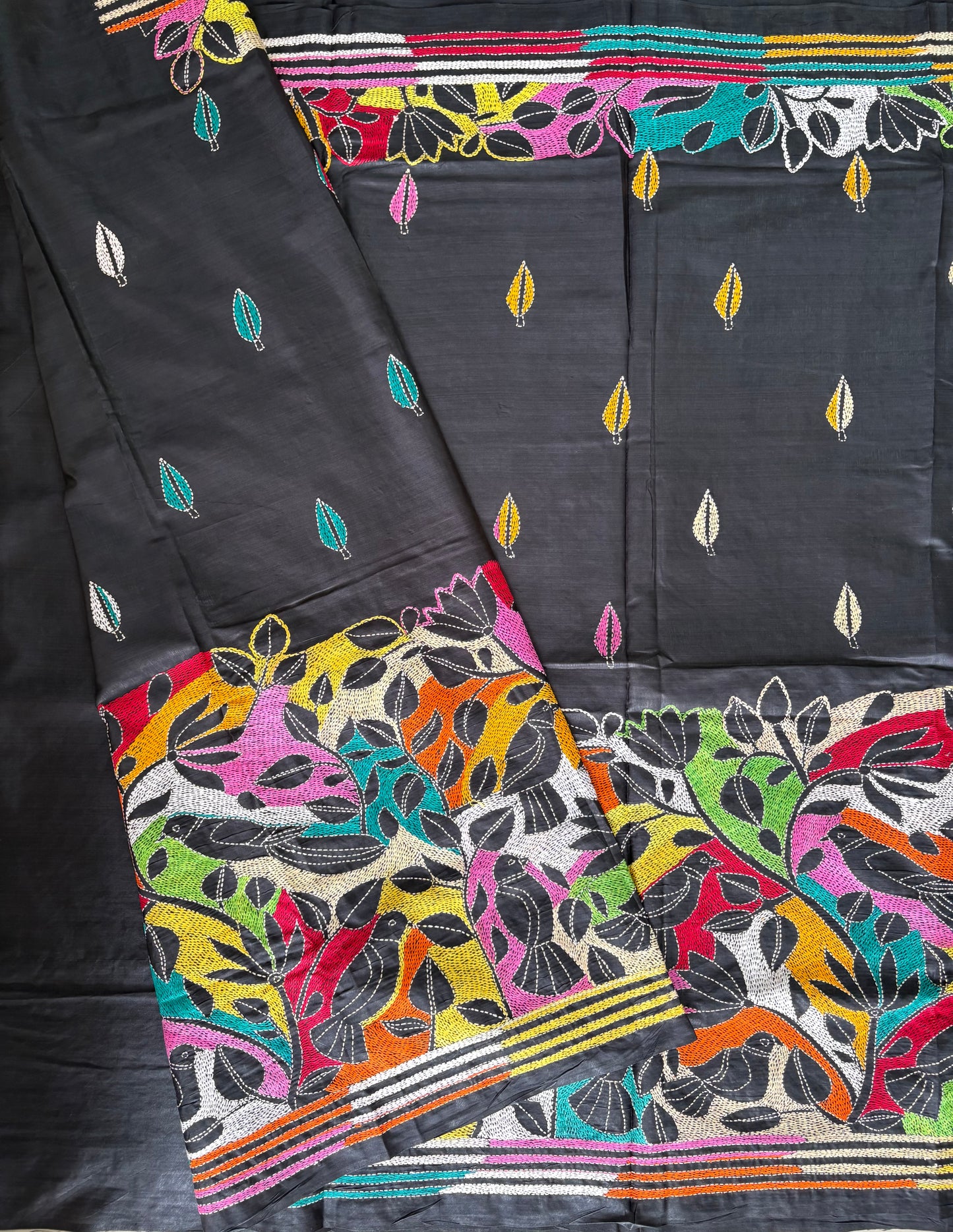 Reverse Kantha Stitch Hand Embroidered Art Silk Saree With Blouse