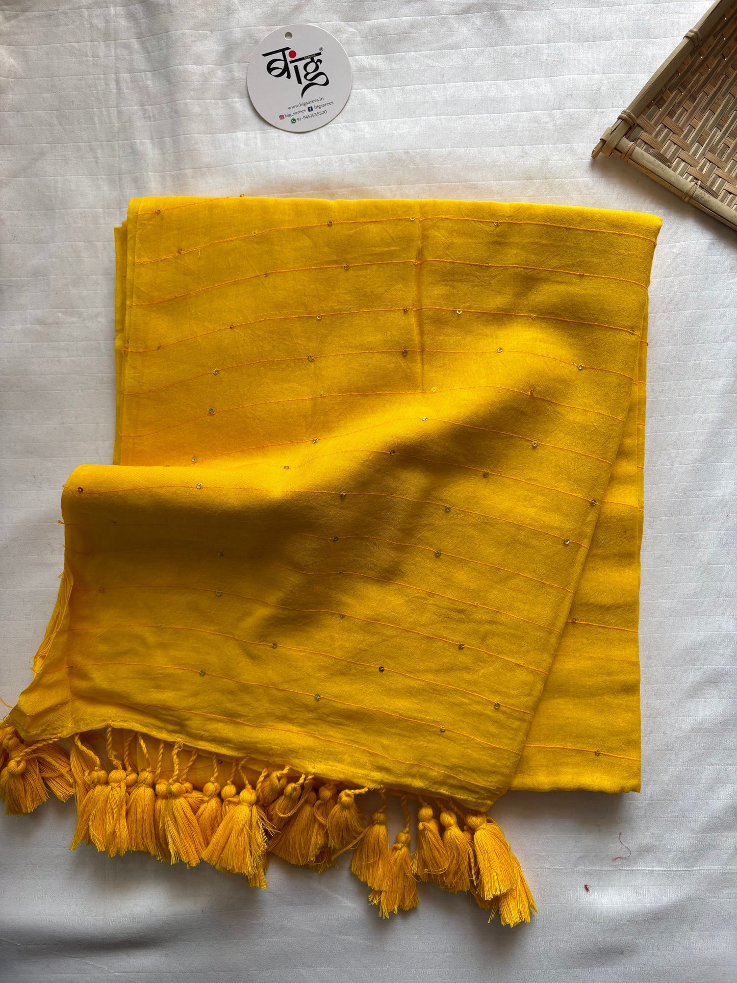 Jonaki Mul Cotton Saree With Ikat Blouse | Ultra Lightweight | Marigold Yellow