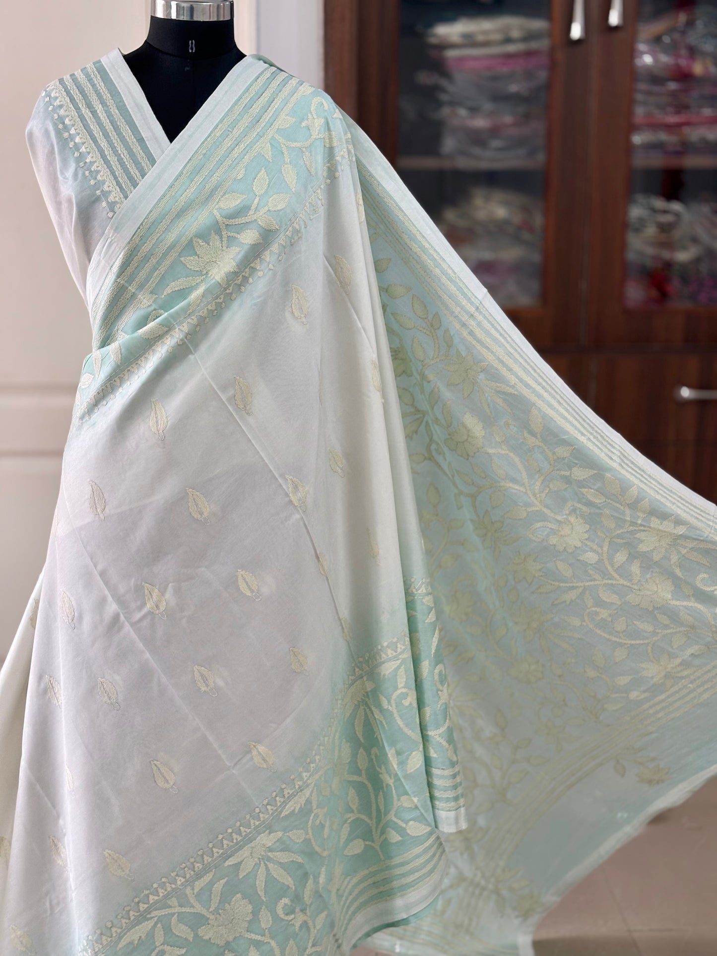 Hand work Kantha stitch Saree in Artificial silk