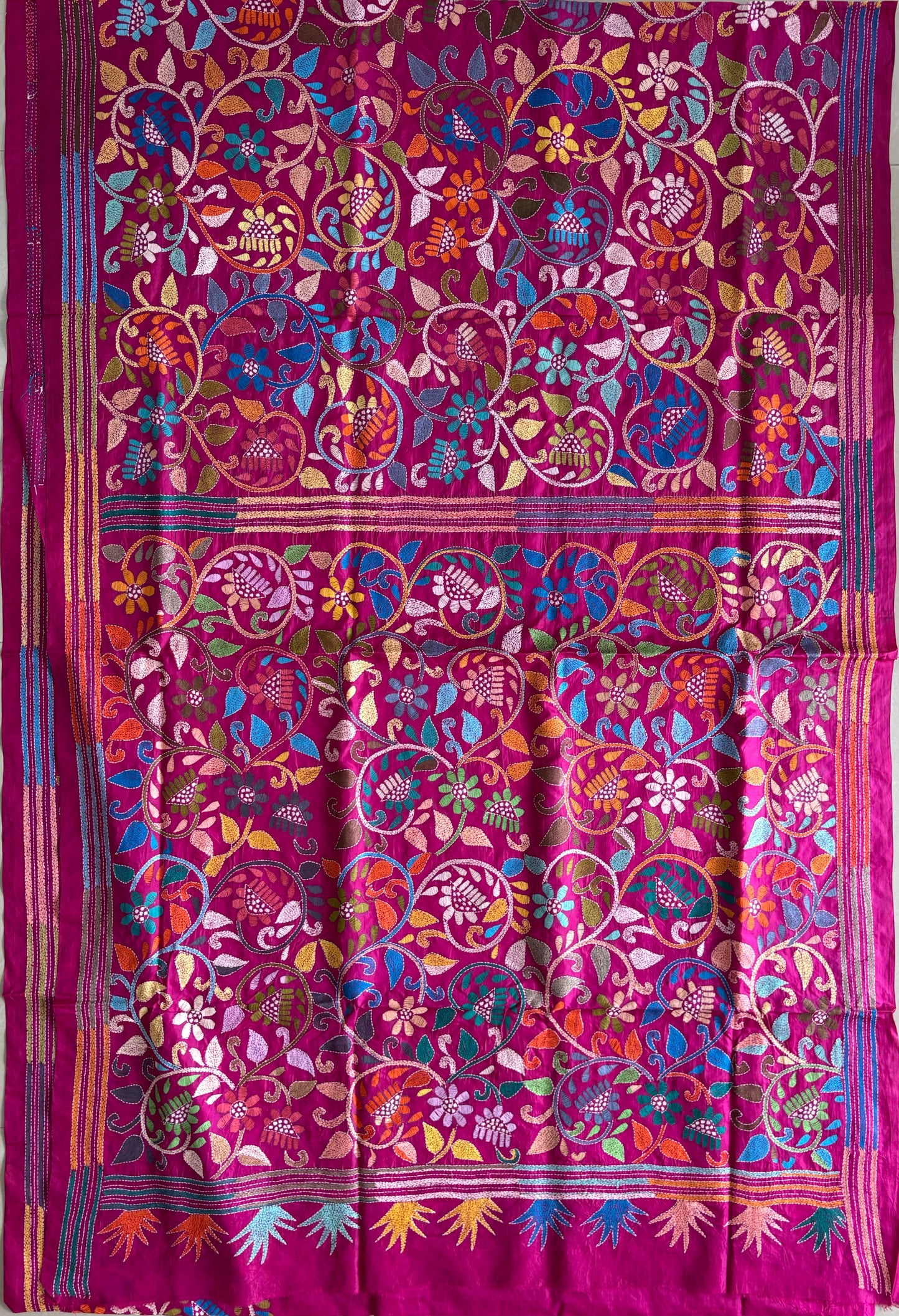 Kantha Stitch Hand Embroidered Pure Banglore Silk Batik Saree (Silk Marked)