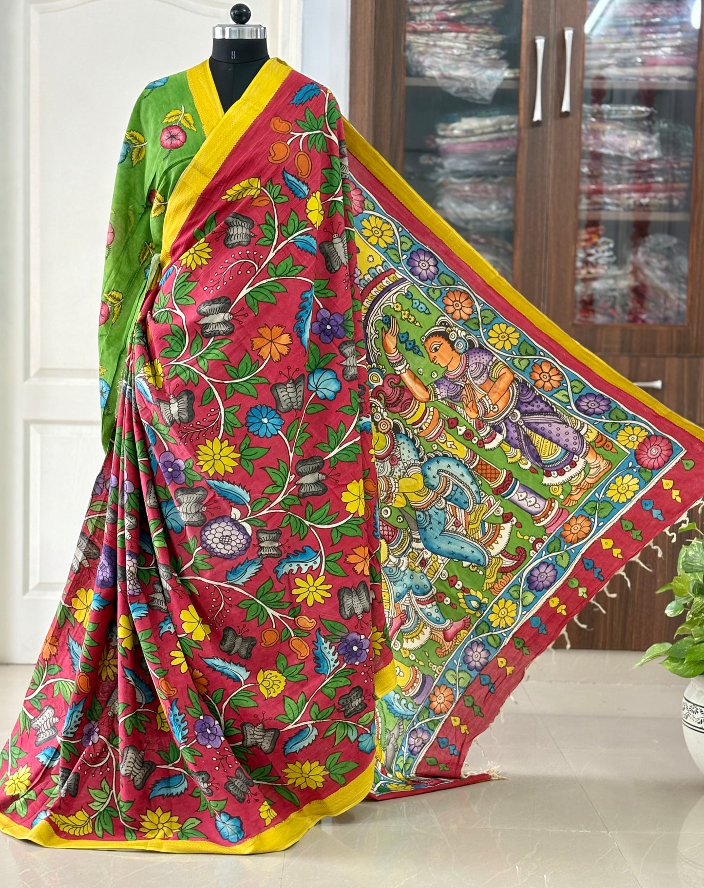 Pen Kalamkari hand painted pure cotton Saree with blouse
