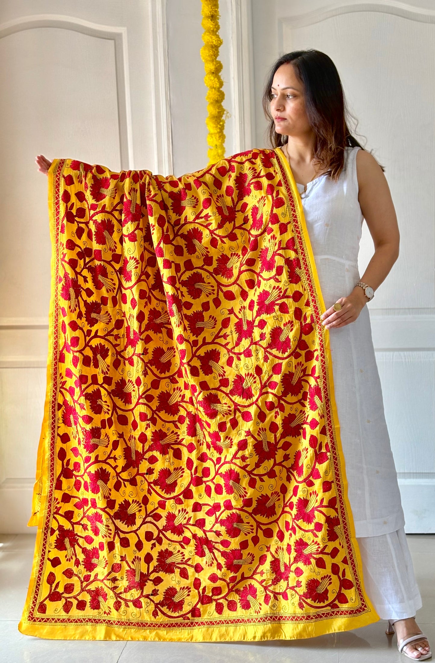 Yellow Kantha Stitch Hand Embroidary Full Work Blended Banglore Silk Dupatta 44″
