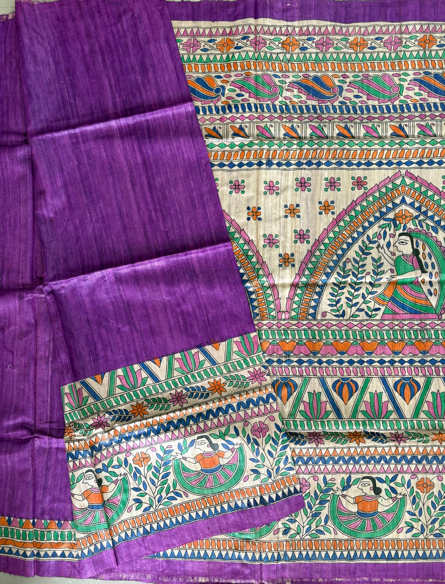 Pure Tussar Ghicha Silk Handcrafted Madhubani Half Saree (Silk Marked)