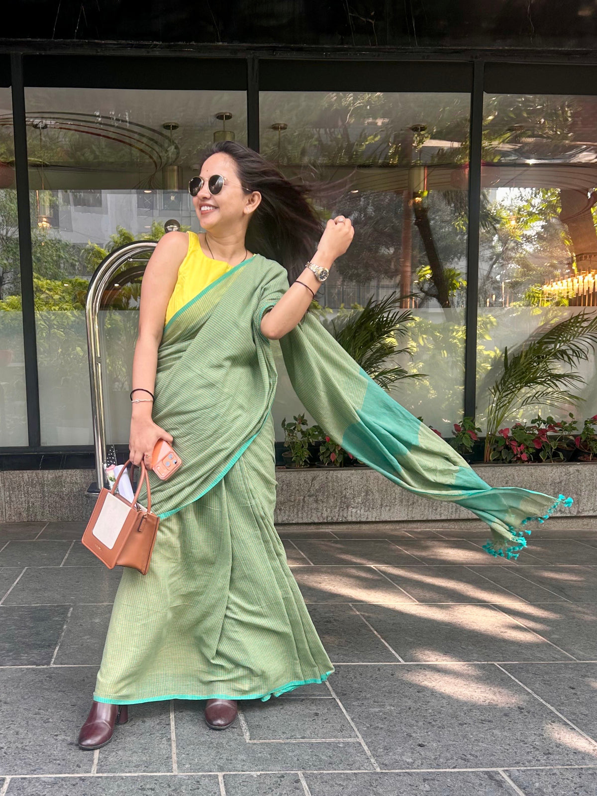 Hand woven Pure Mul Cotton small check Saree (Handloom Marked) - Green