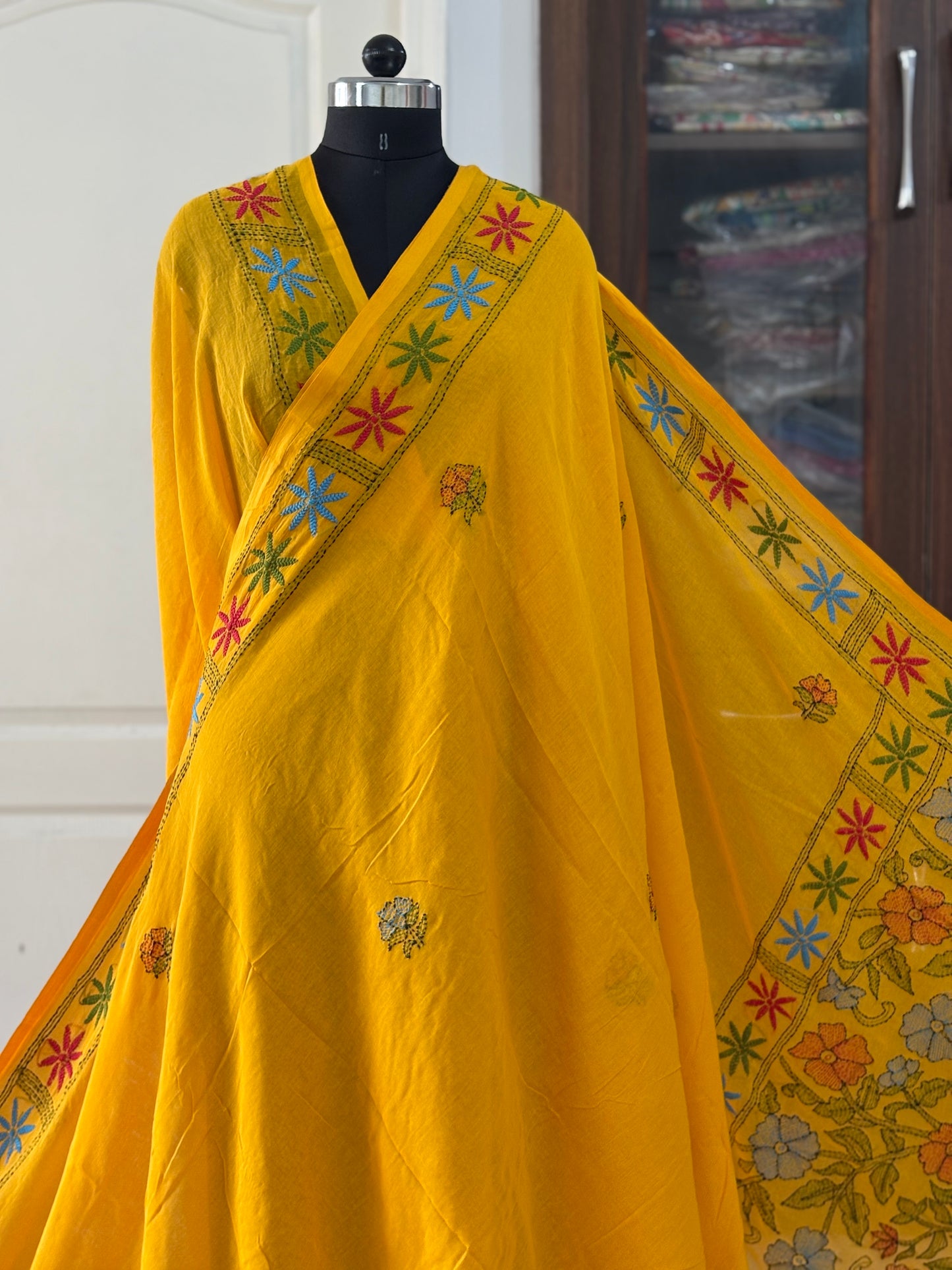 Kantha stitch Hand Embroidered Pure mul Cotton Saree