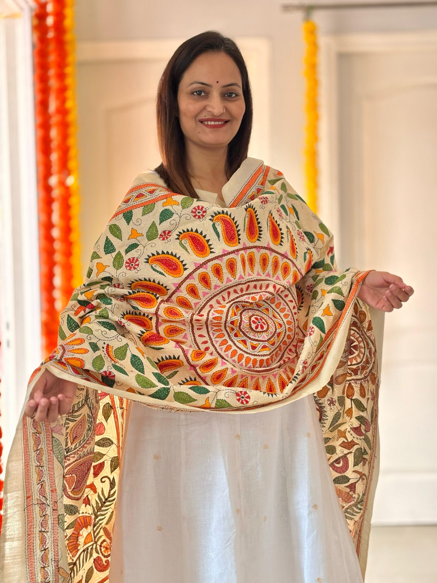Kantha Hand Embroidary Full Work Semi Tusshar Silk Dupatta 36”