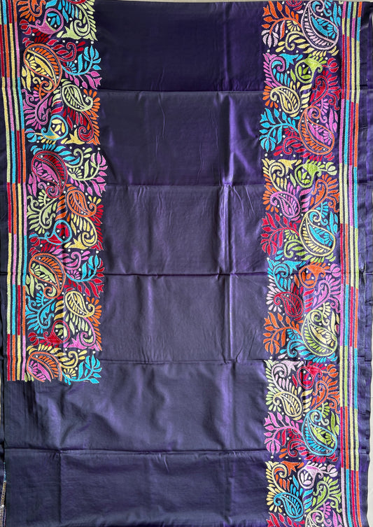 Purple Kantha Hand Embroidered Blended Banglore Silk/Art Silk Saree With Blouse