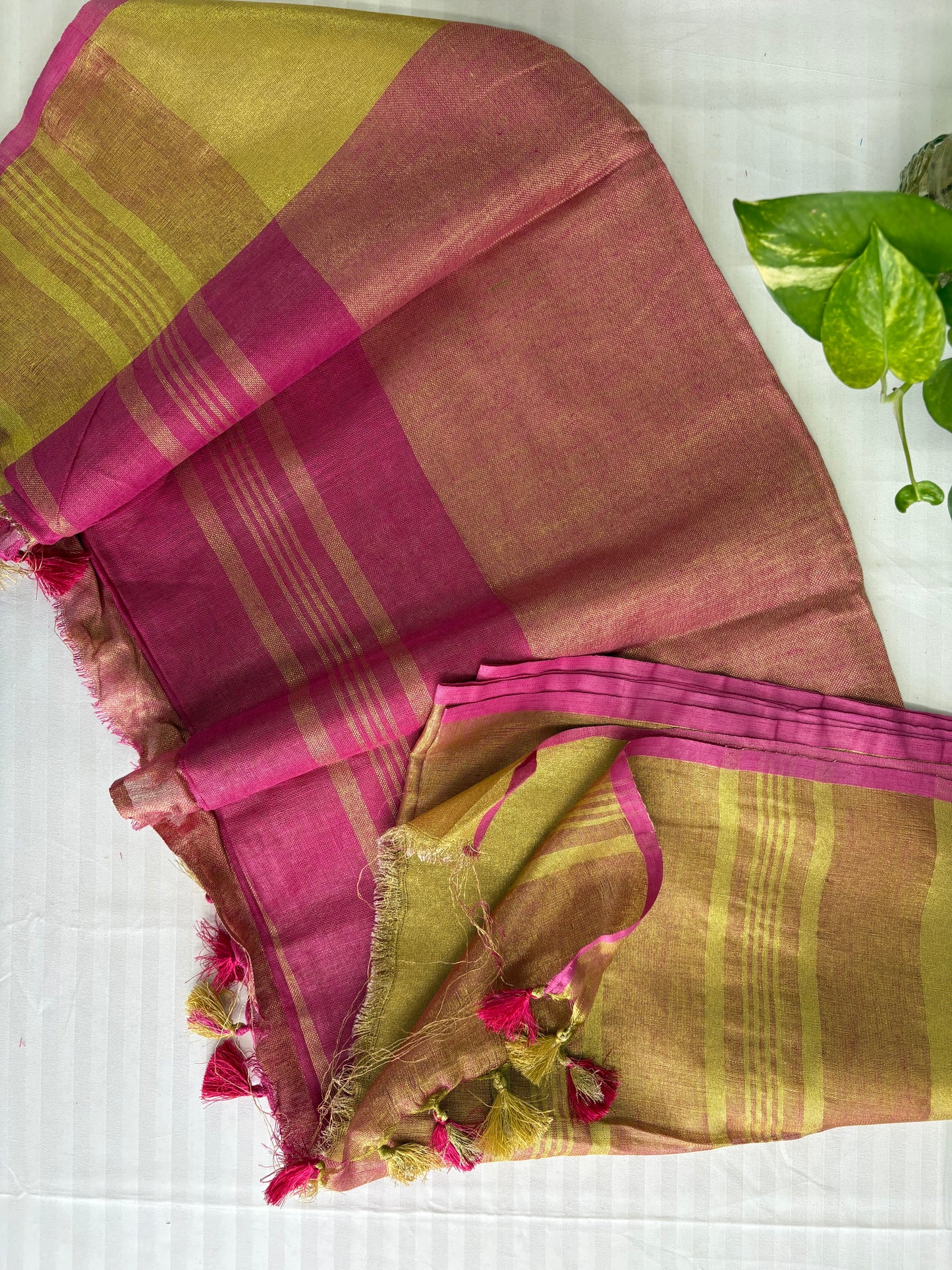Pink gold pure Linen By Linen Saree With running Blouse