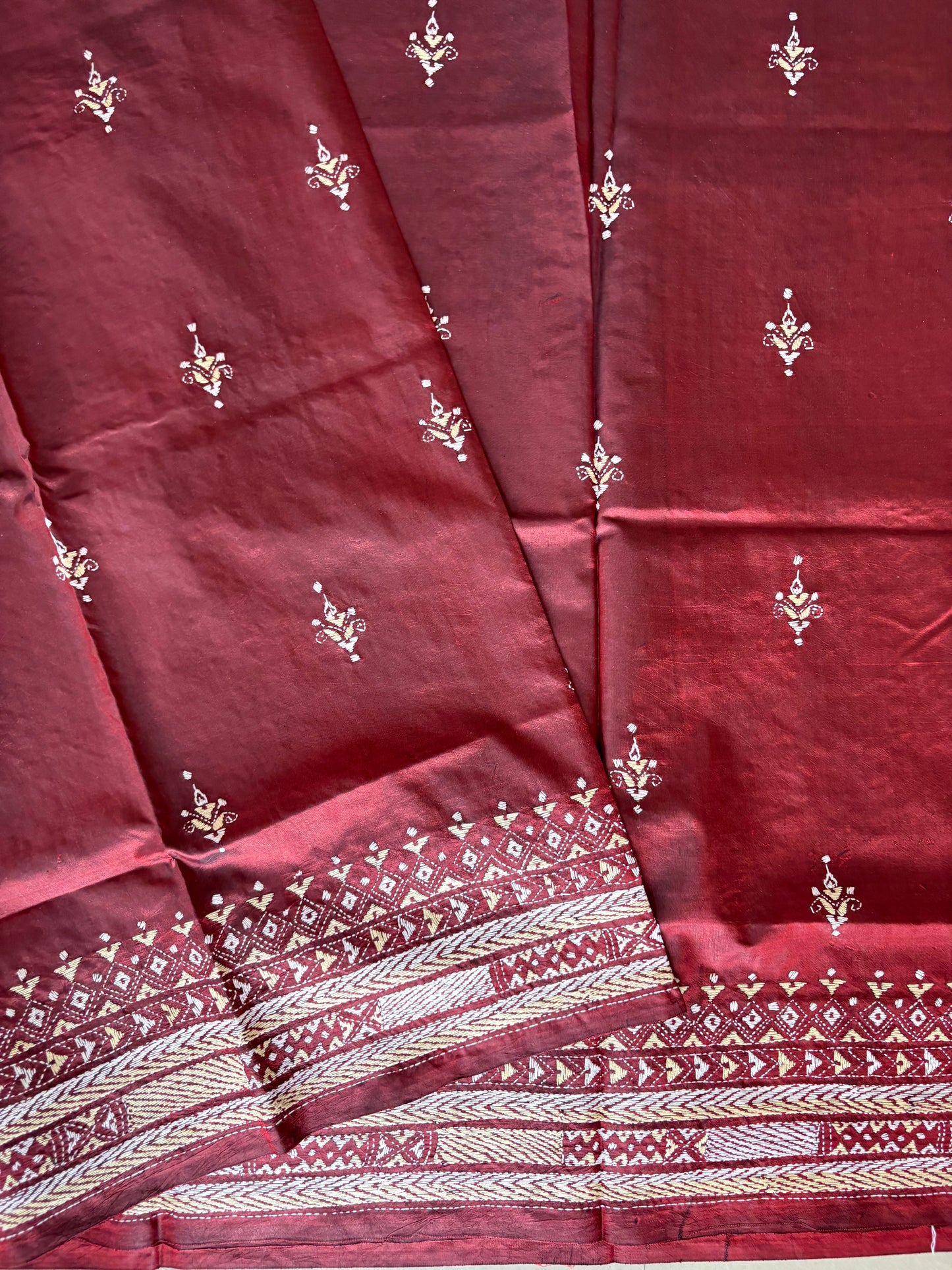 Kantha Stitch Hand Embroidered Pure Banglore Silk Saree (Silk Marked)