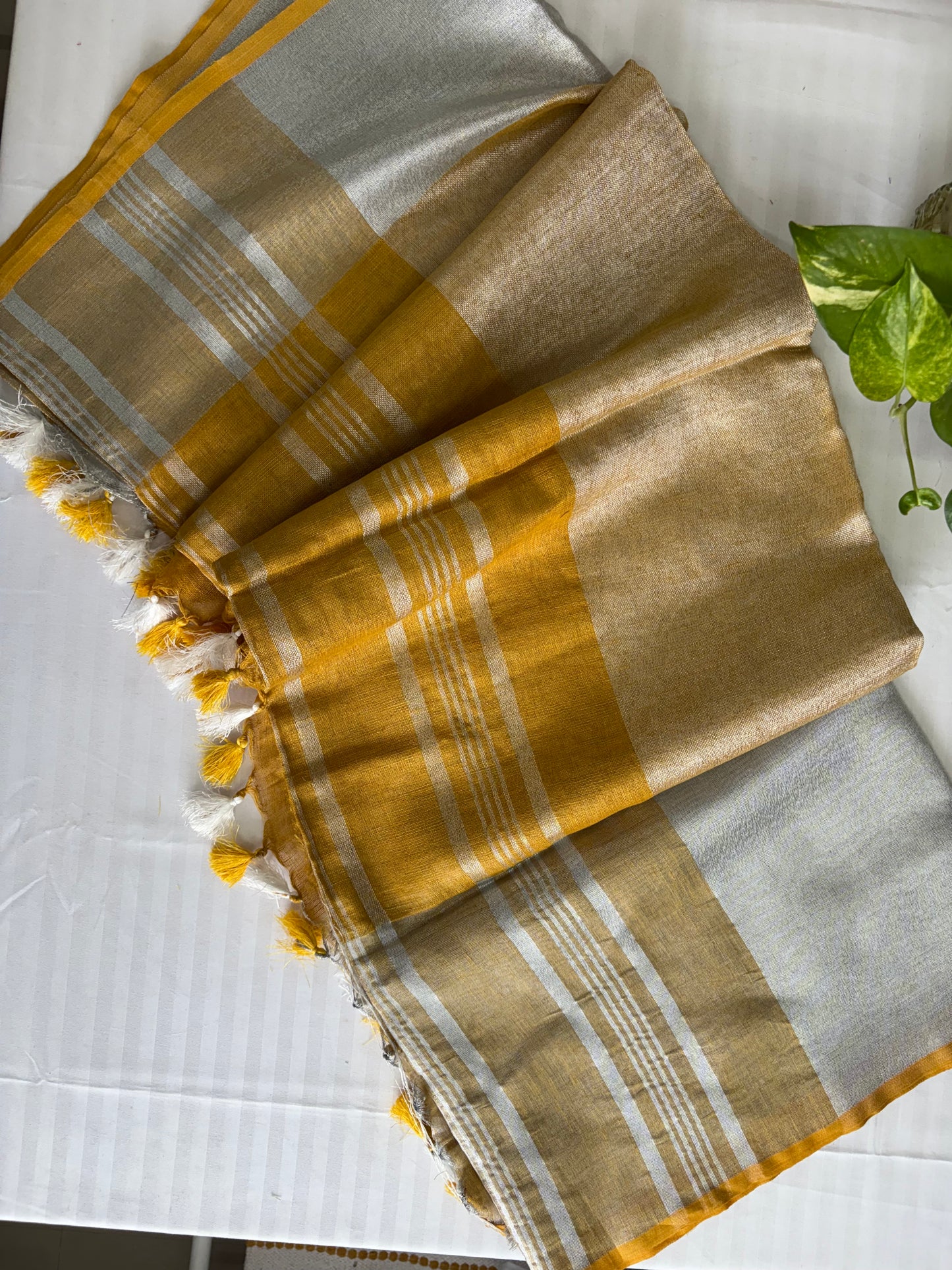Mustard silver pure Linen By Linen Saree With running Blouse