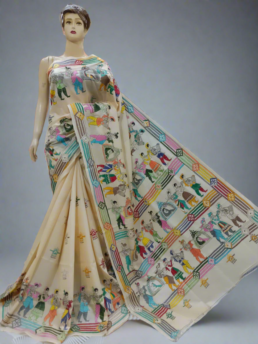 Kantha Hand Embroidered Pure Tussar Silk Saree