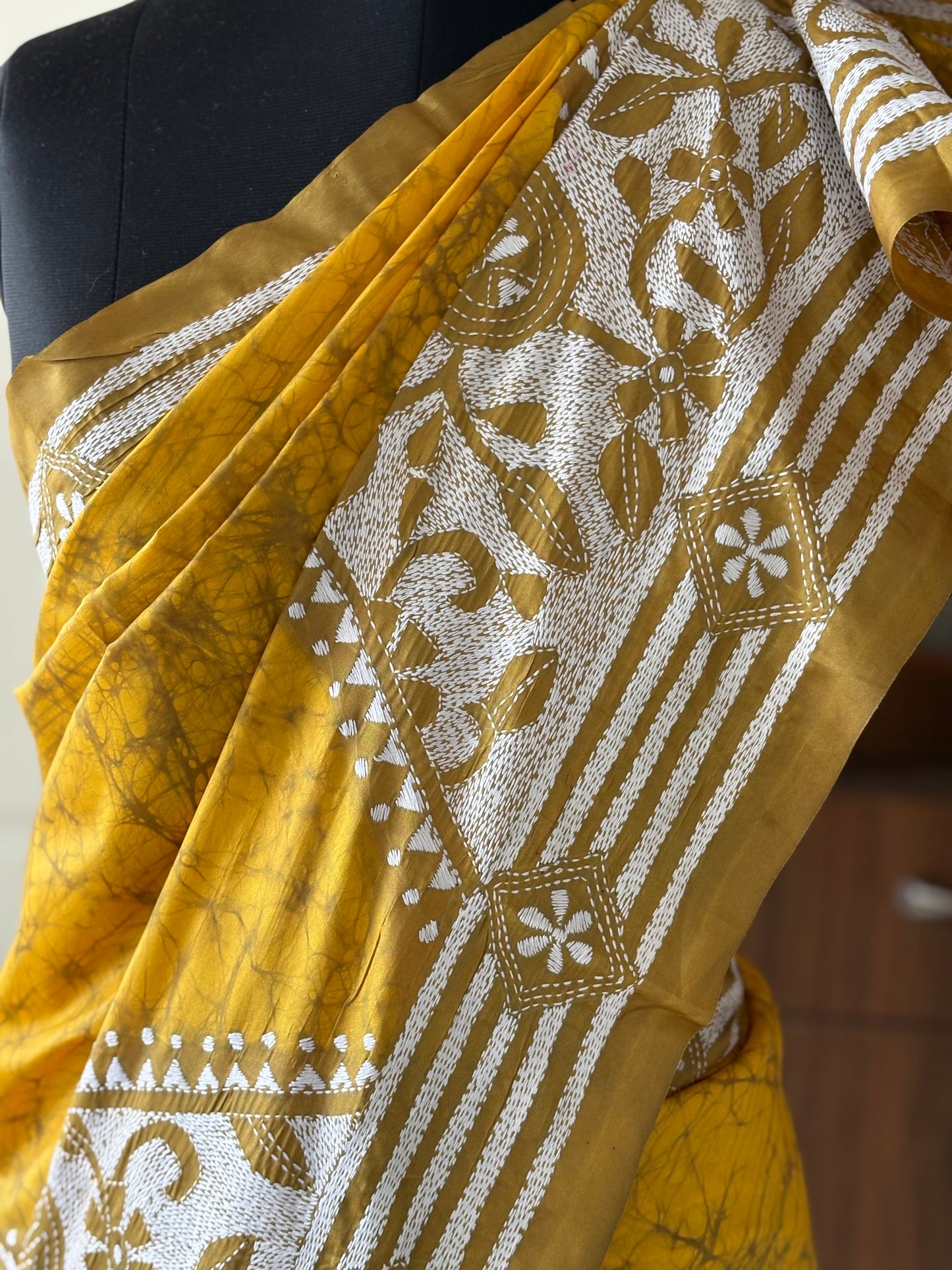 Kantha Hand Embroidered Hand Batik Art Silk Saree With Blouse