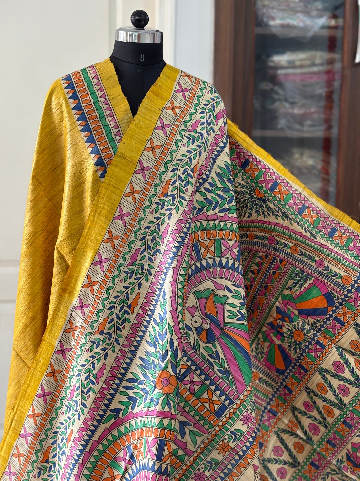 Pure Tussar Ghicha Silk Handcrafted Madhubani Half Saree (Silk Marked)