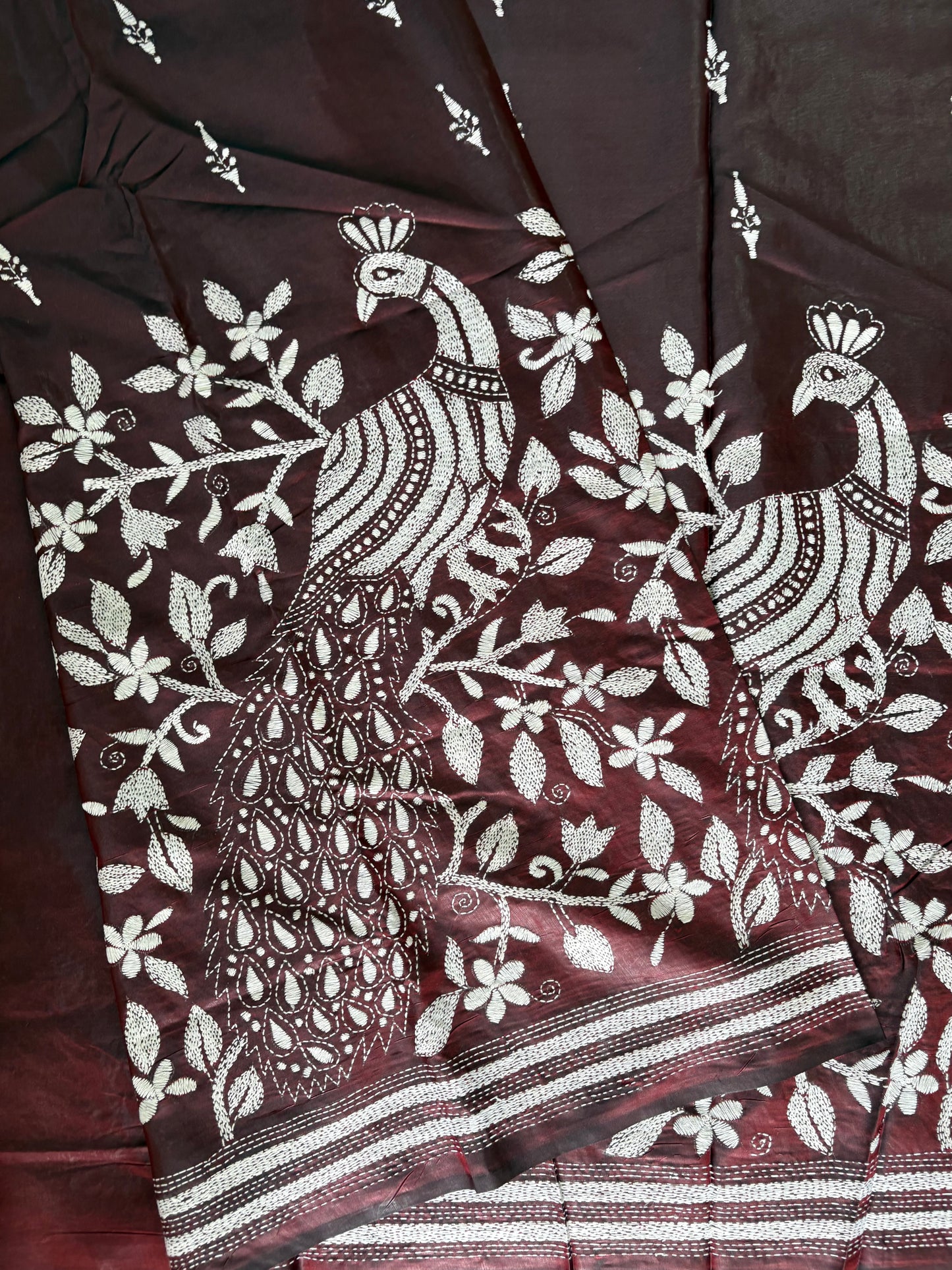 Kantha Hand Work Embroidered Art Silk Saree With Blouse