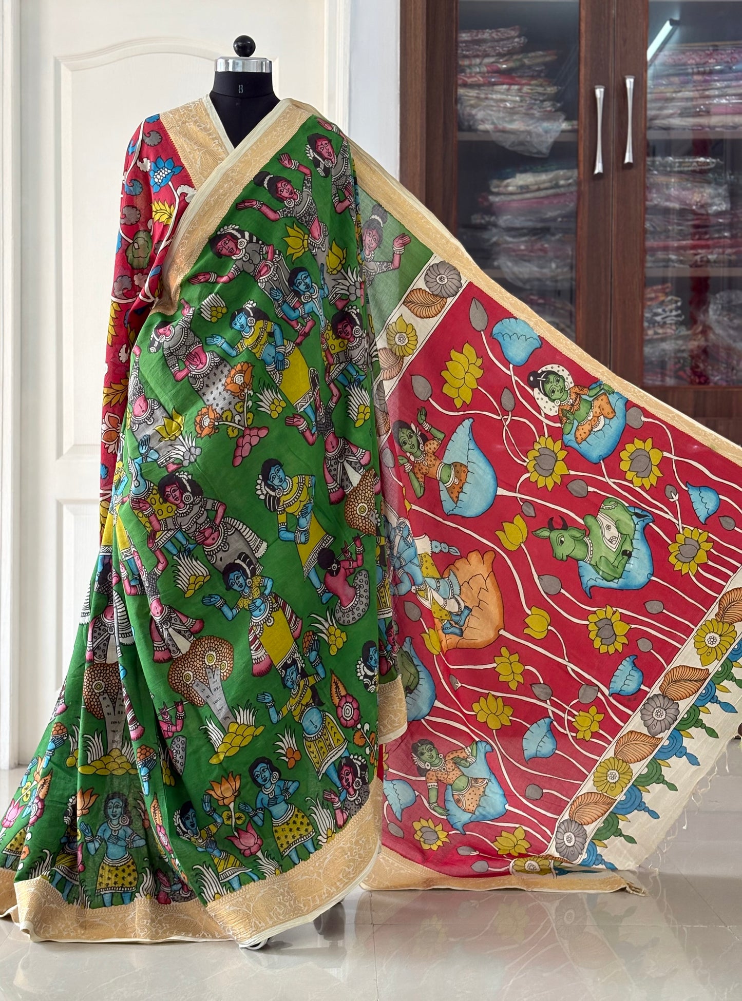 Pen Kalamkari hand painted pure cotton Saree with blouse