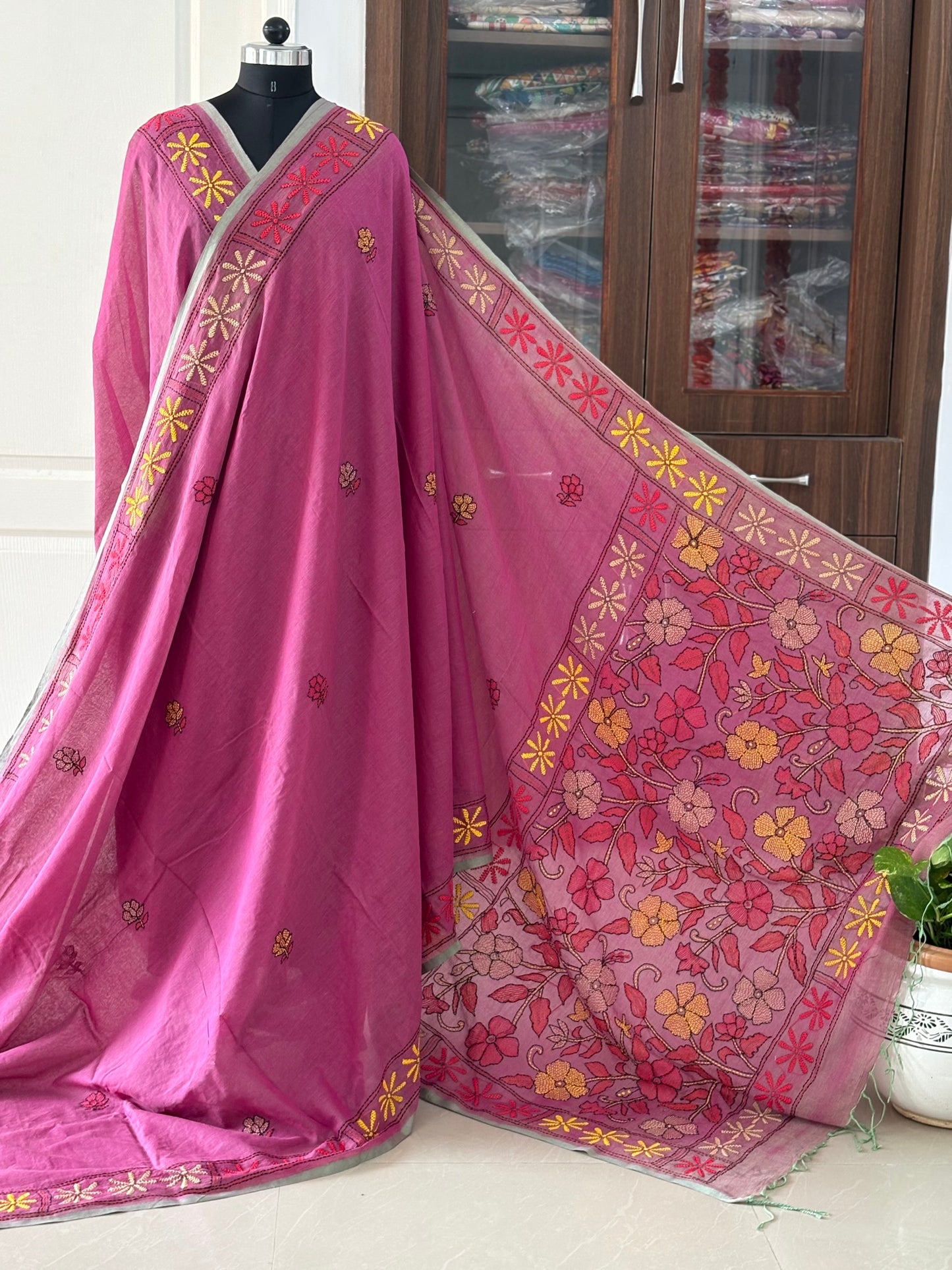 Kantha stitch Hand Embroidered Pure mul Cotton Saree