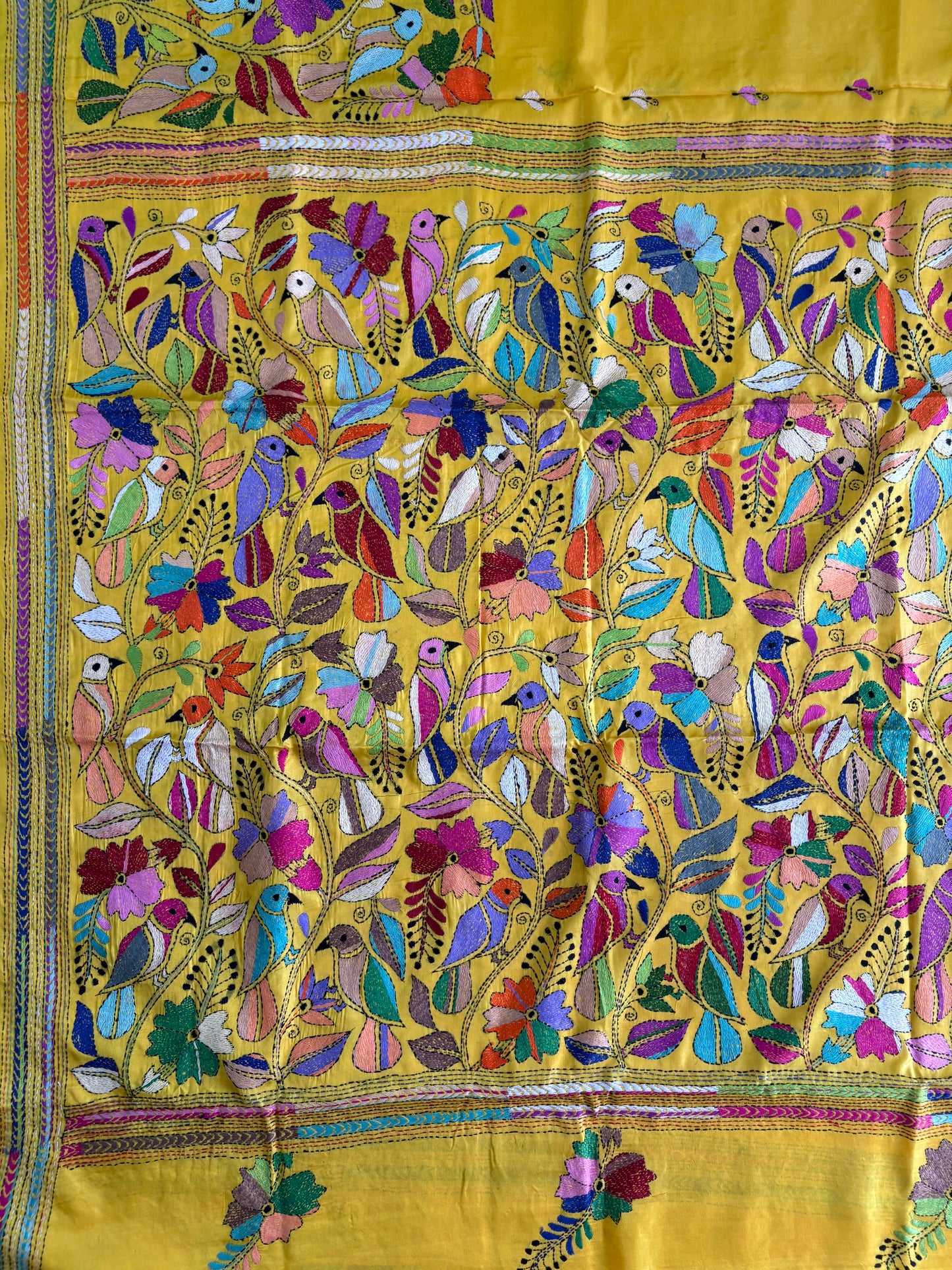 Yellow Kantha stitch Saree in blended Bangalore Silk / Art Silk