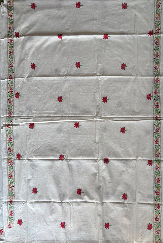 Kantha stitch Khadi Cotton Saree - off white