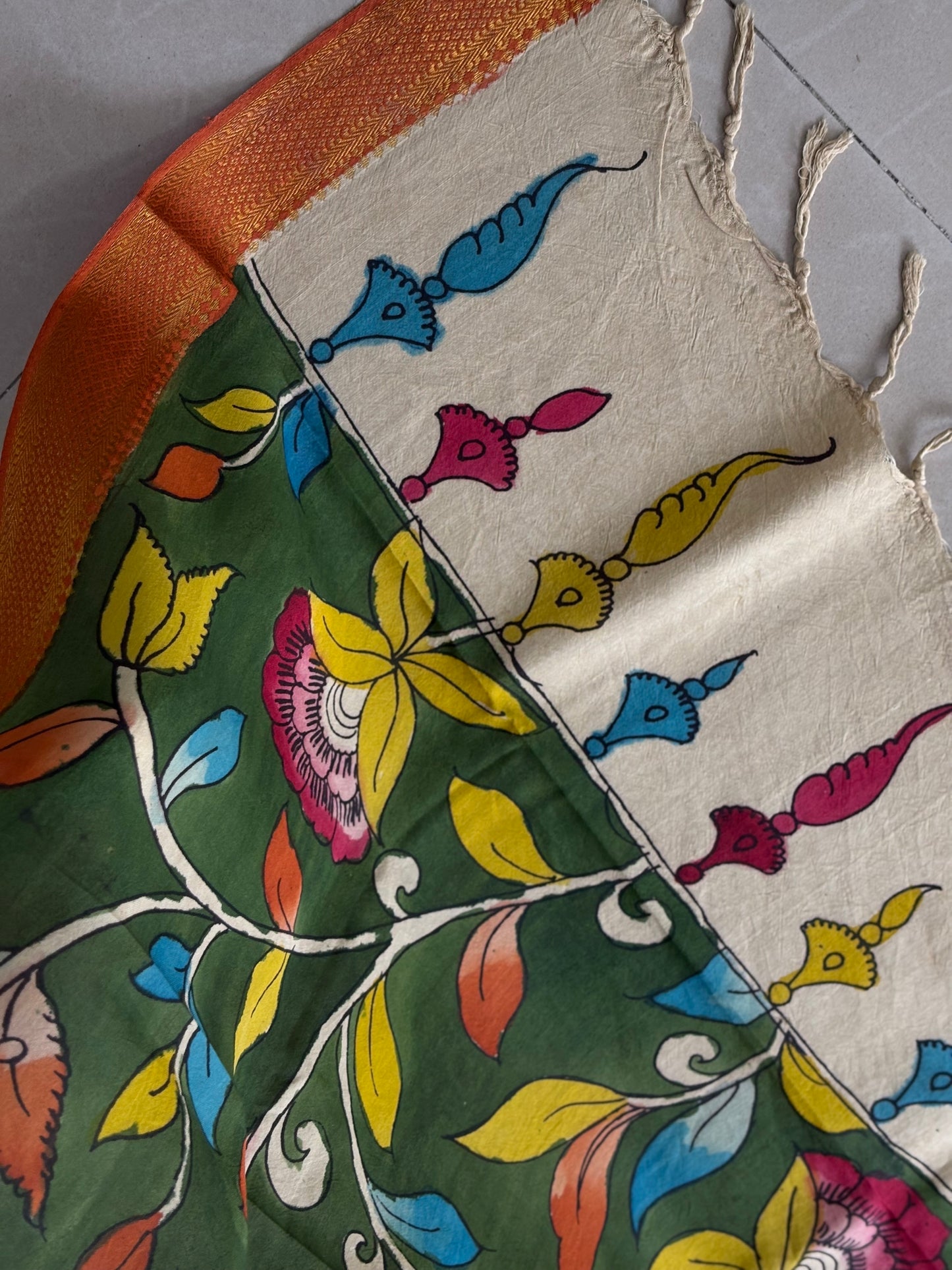 Pen Kalamkari Hand Painted Bangalore Silk Dupatta | Dark Green | 36"