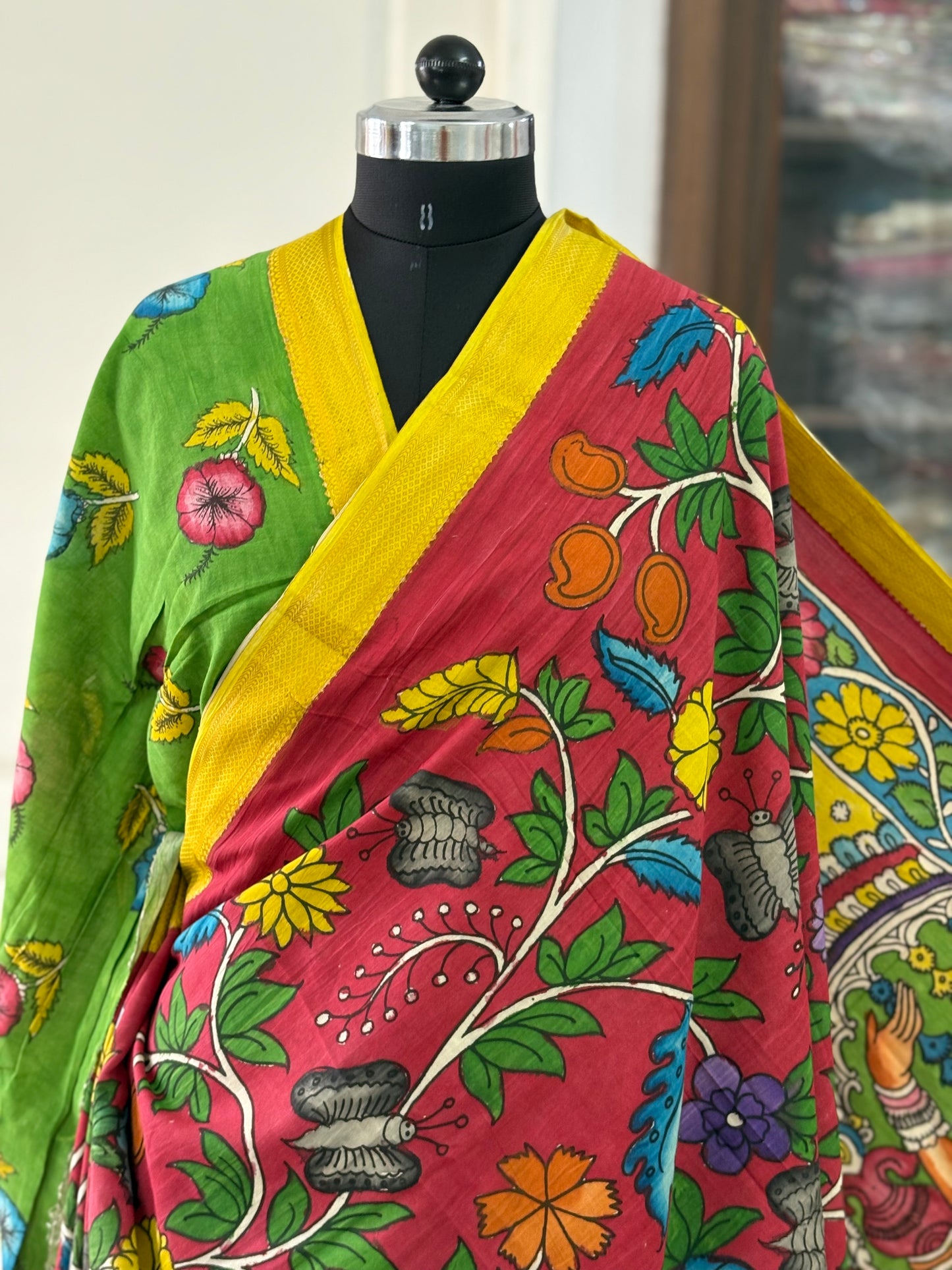 Pen Kalamkari hand painted pure cotton Saree with blouse