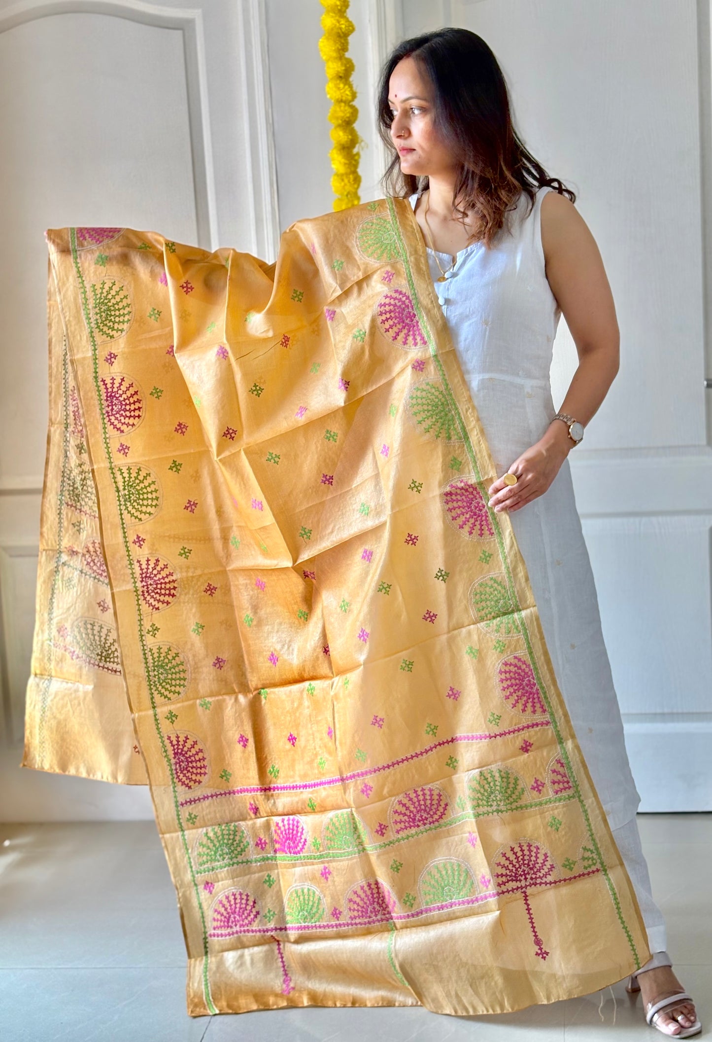 Pure Tusshar Silk Hand Embroidered Dupatta 36"
