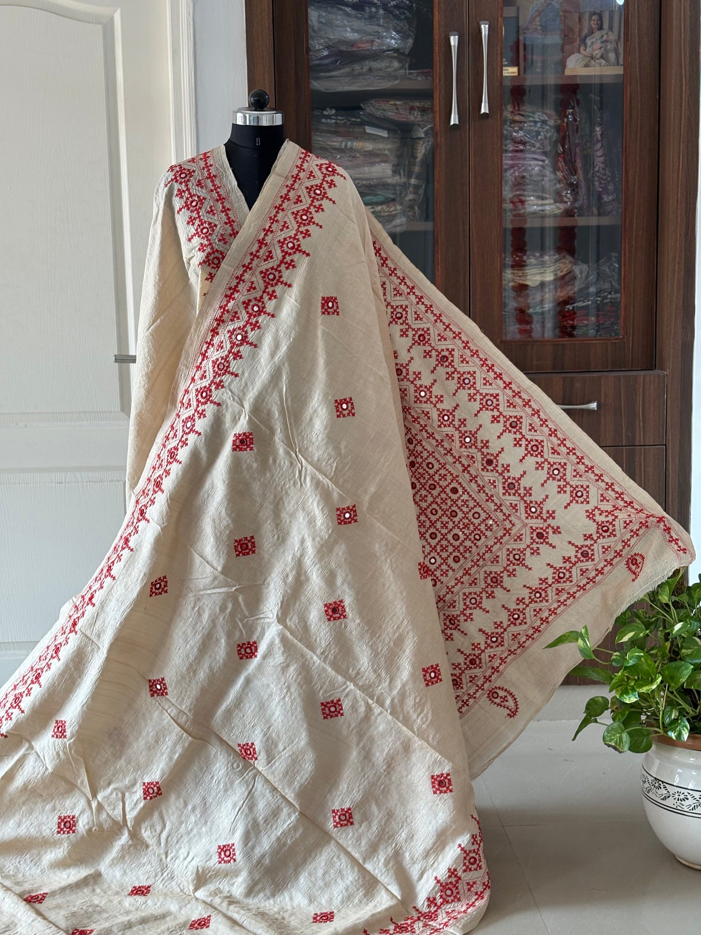 Kutch Hand Embroidered Pure Gachi Tassar Silk Saree with real mirror work