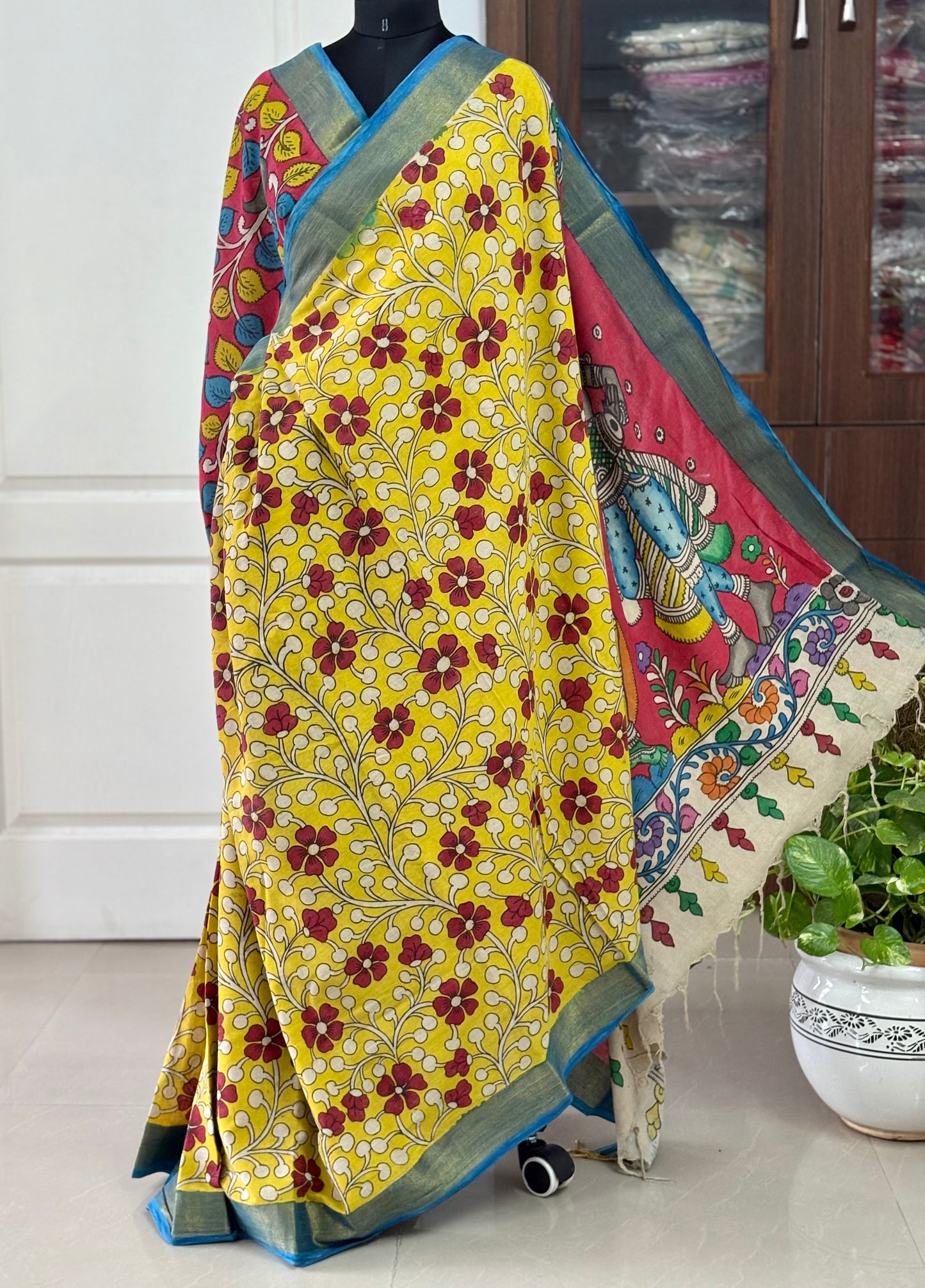 Pen Kalamkari hand painted pure cotton Saree with blouse