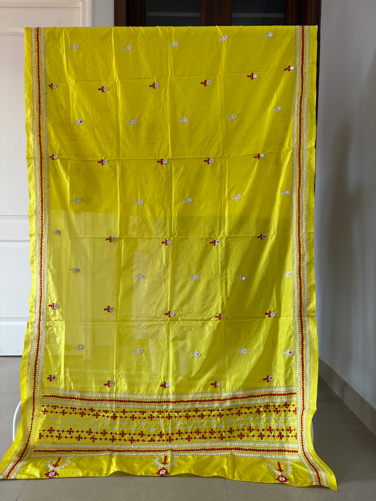 Kutch Hand Embroidered Blended Banglore Silk Dupatta Yellow