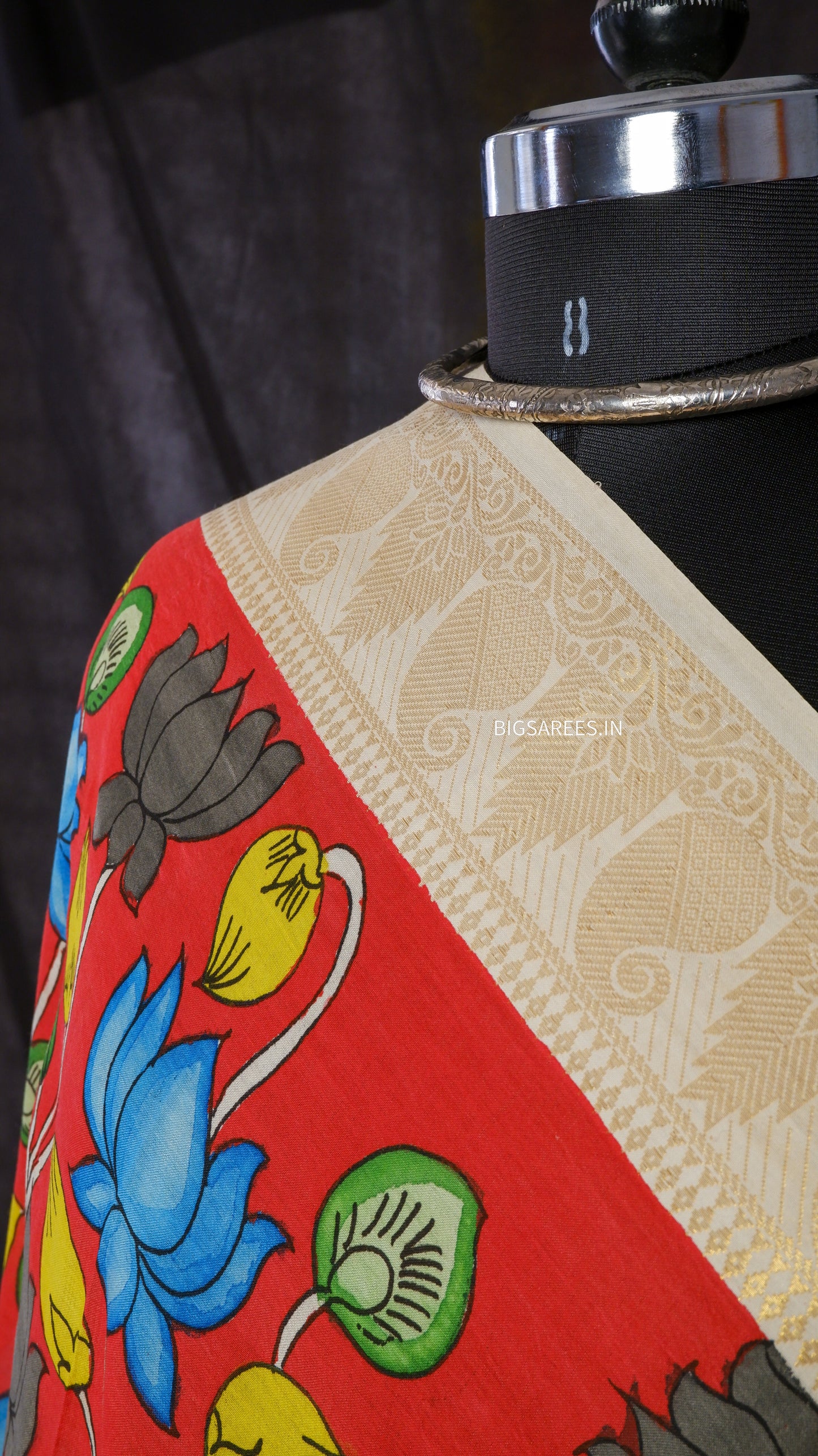 Pen Kalamkari Hand Painted Bangalore Silk Dupatta | Red | 36"