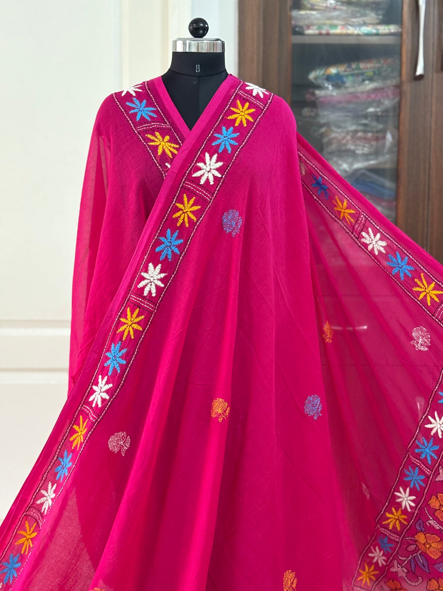 Kantha stitch Hand Embroidered Pure mul Cotton Saree