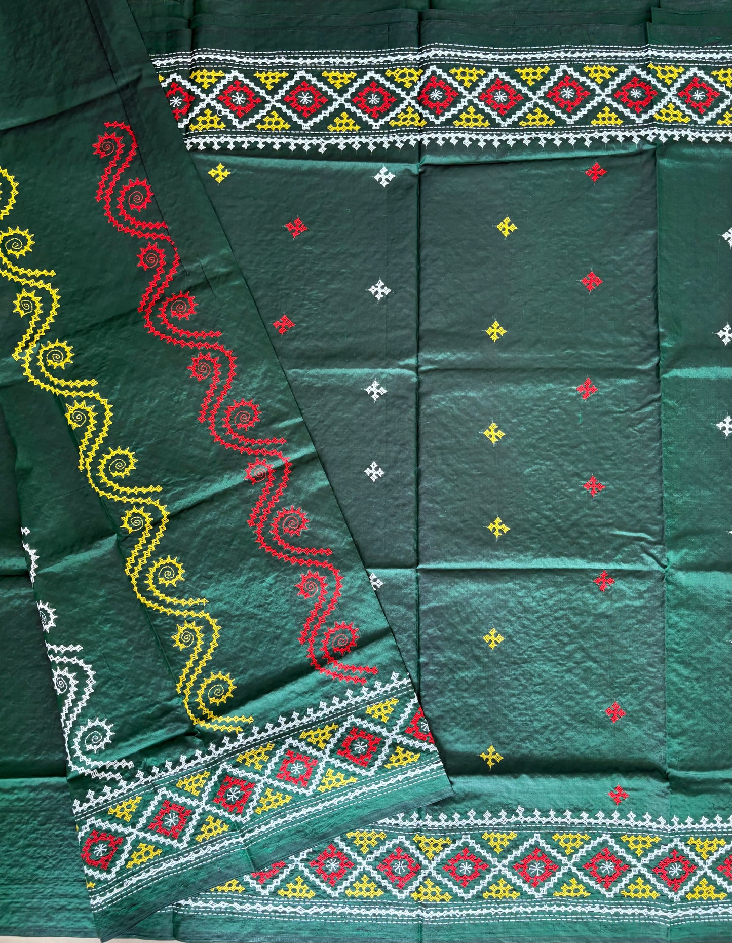 Kutch Hand Embroidered Pure Banglore Silk Saree – Green (Silk Marked)