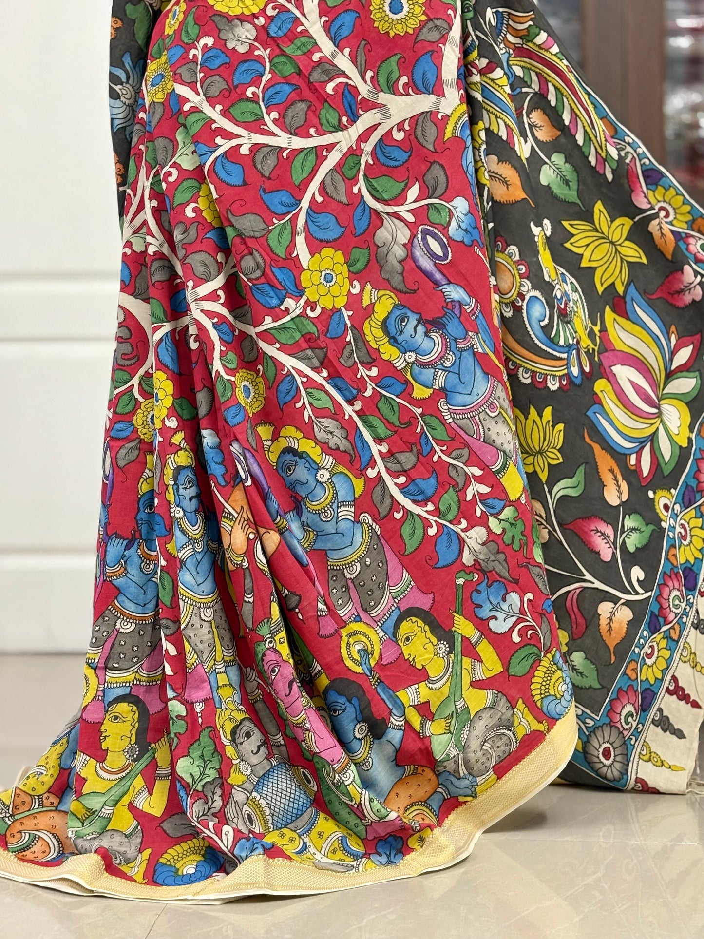 Pen Kalamkari hand painted pure cotton Saree with blouse