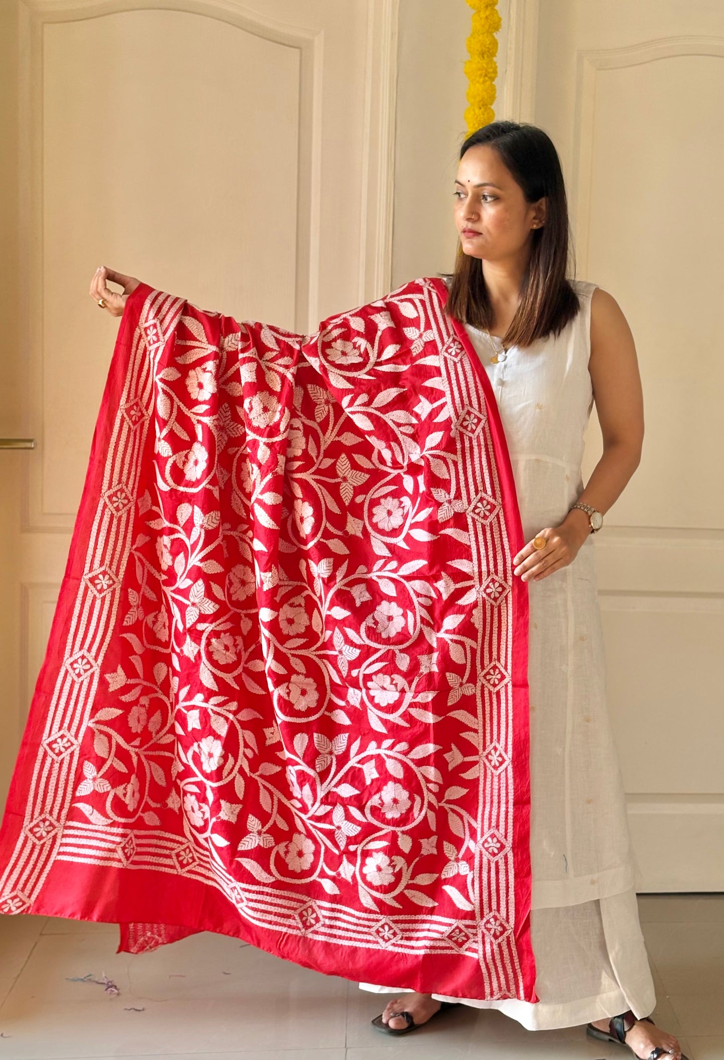 Red Kantha Stitch Hand Embroidary Full Work Pure Banglore Silk Dupatta. (With Silk Mark)