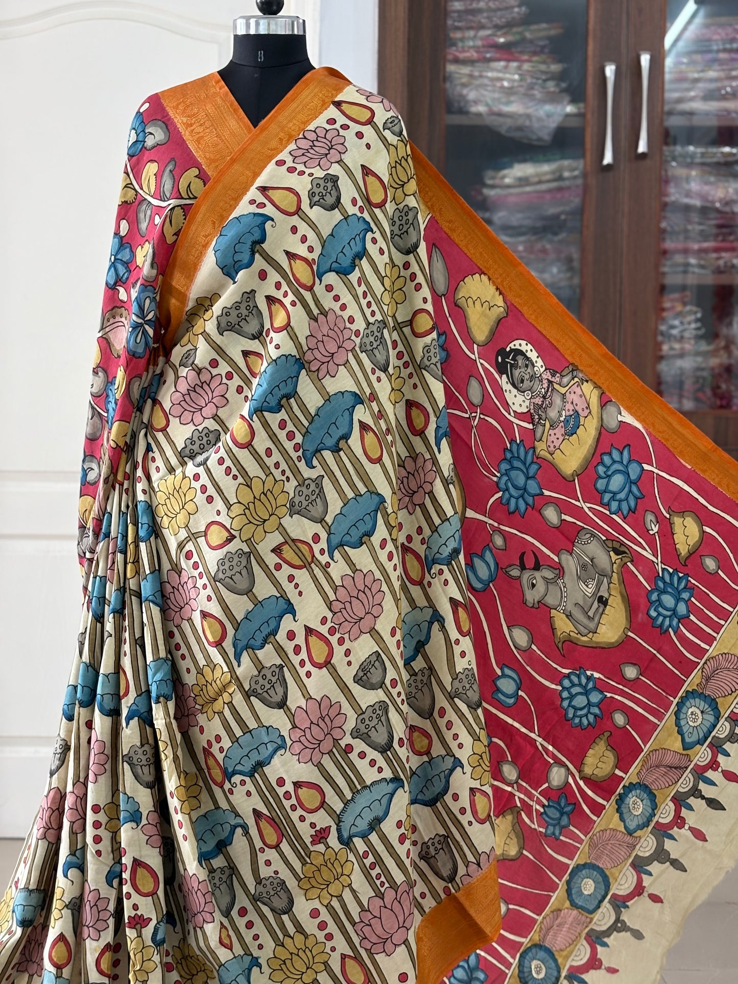 Pen Kalamkari hand painted Banglore Silk Saree with blouse