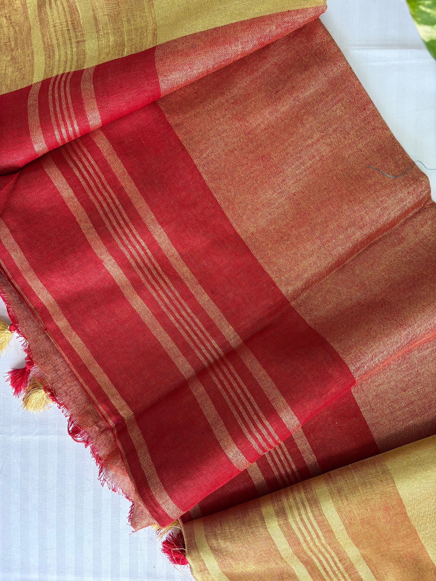 Red golden pure Linen By Linen Saree With running Blouse