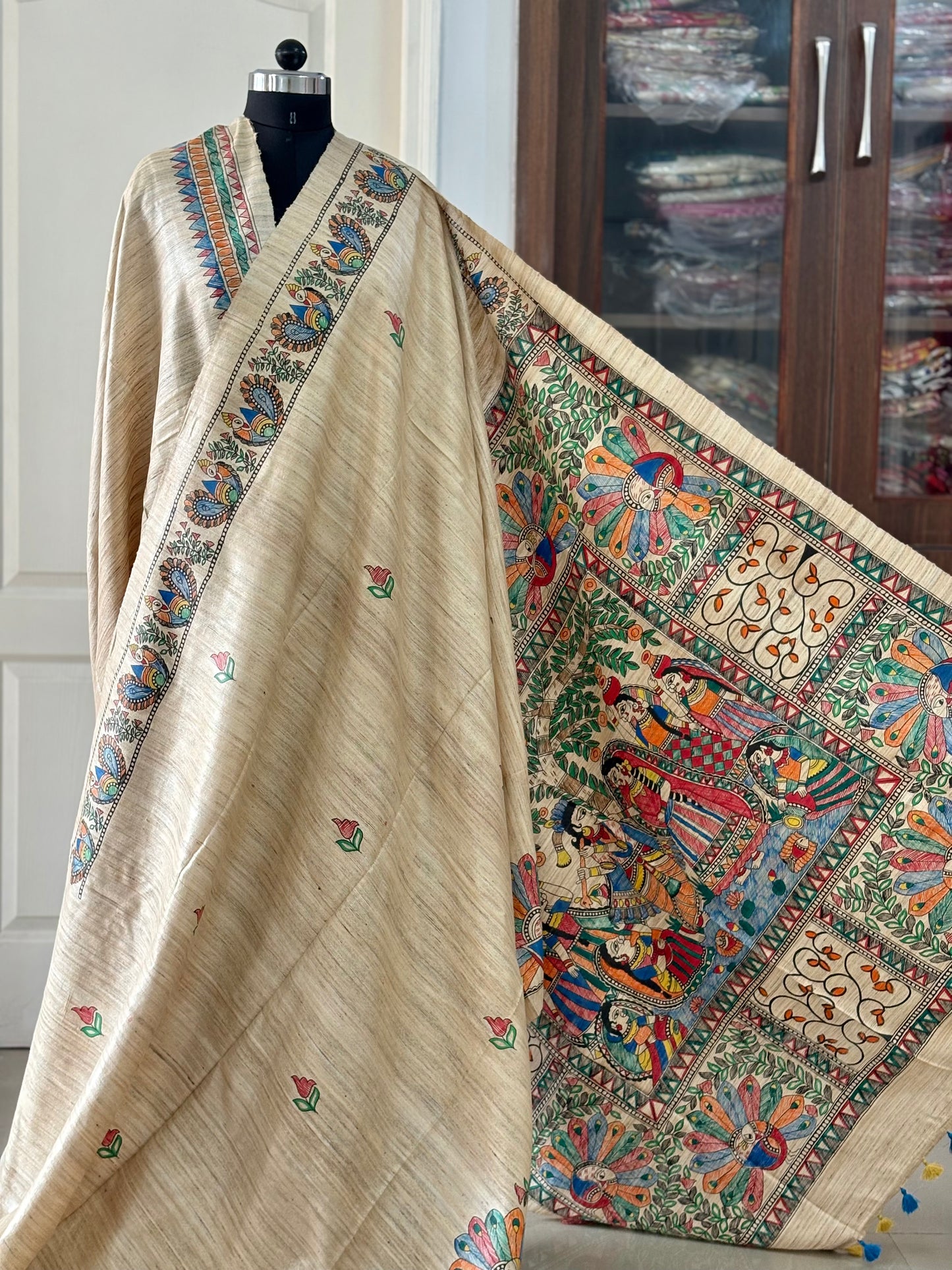 Pure Tussar Ghicha Silk Handcrafted Madhubani Saree (Silk Marked)