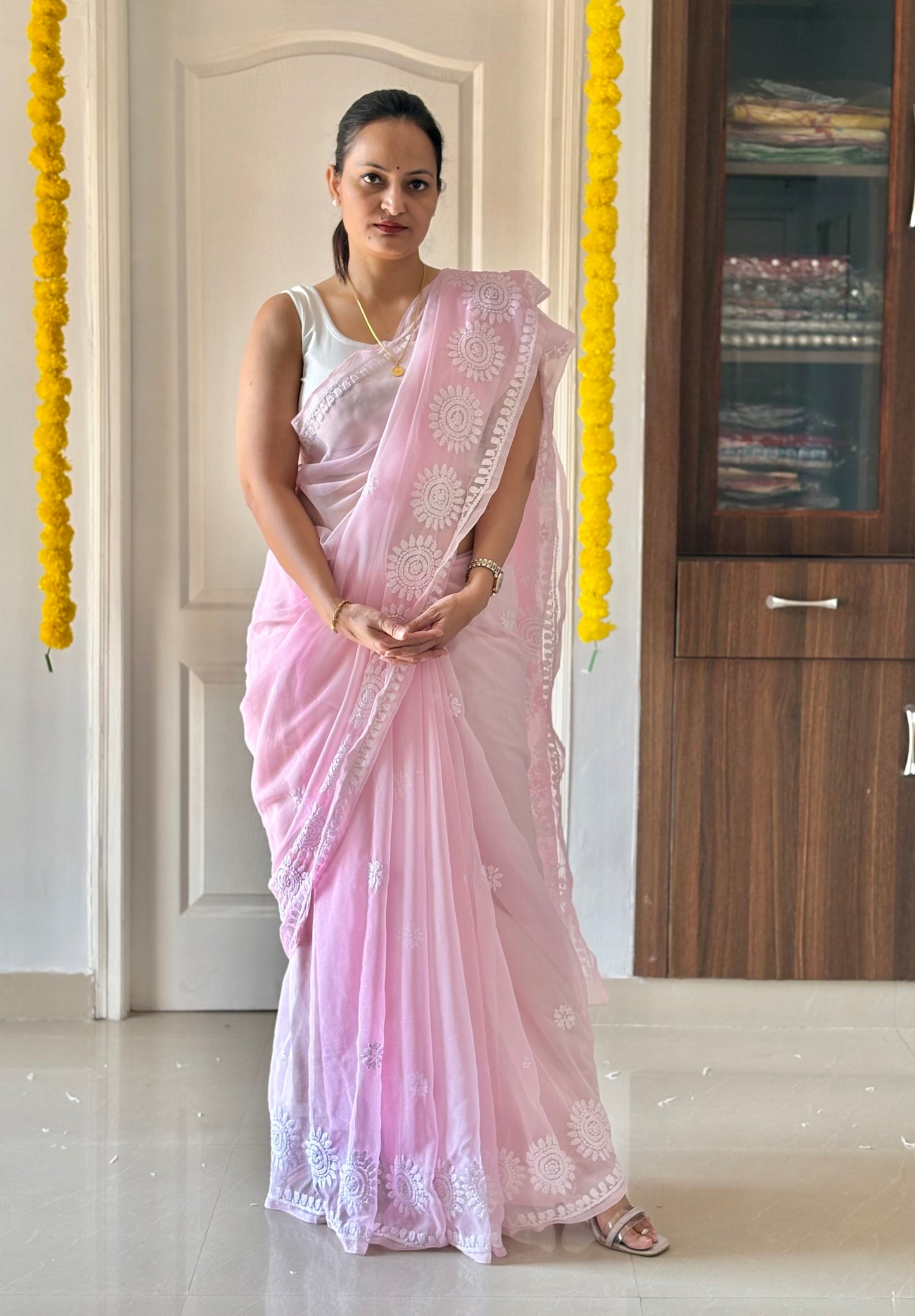 Light Pink Georgette Chikankari Work Hand Embroidered Saree