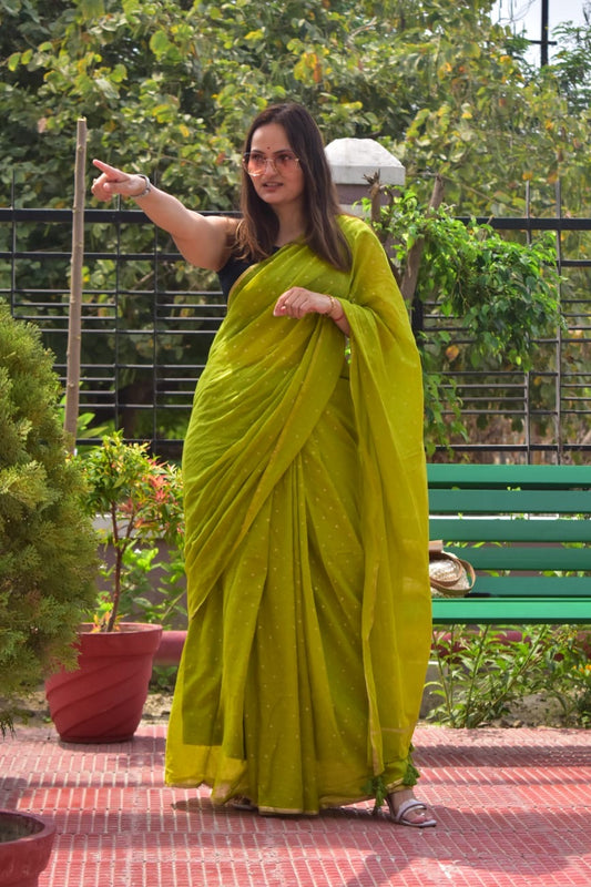 Polka Dot Saree With Blouse | Mul Cotton | Green